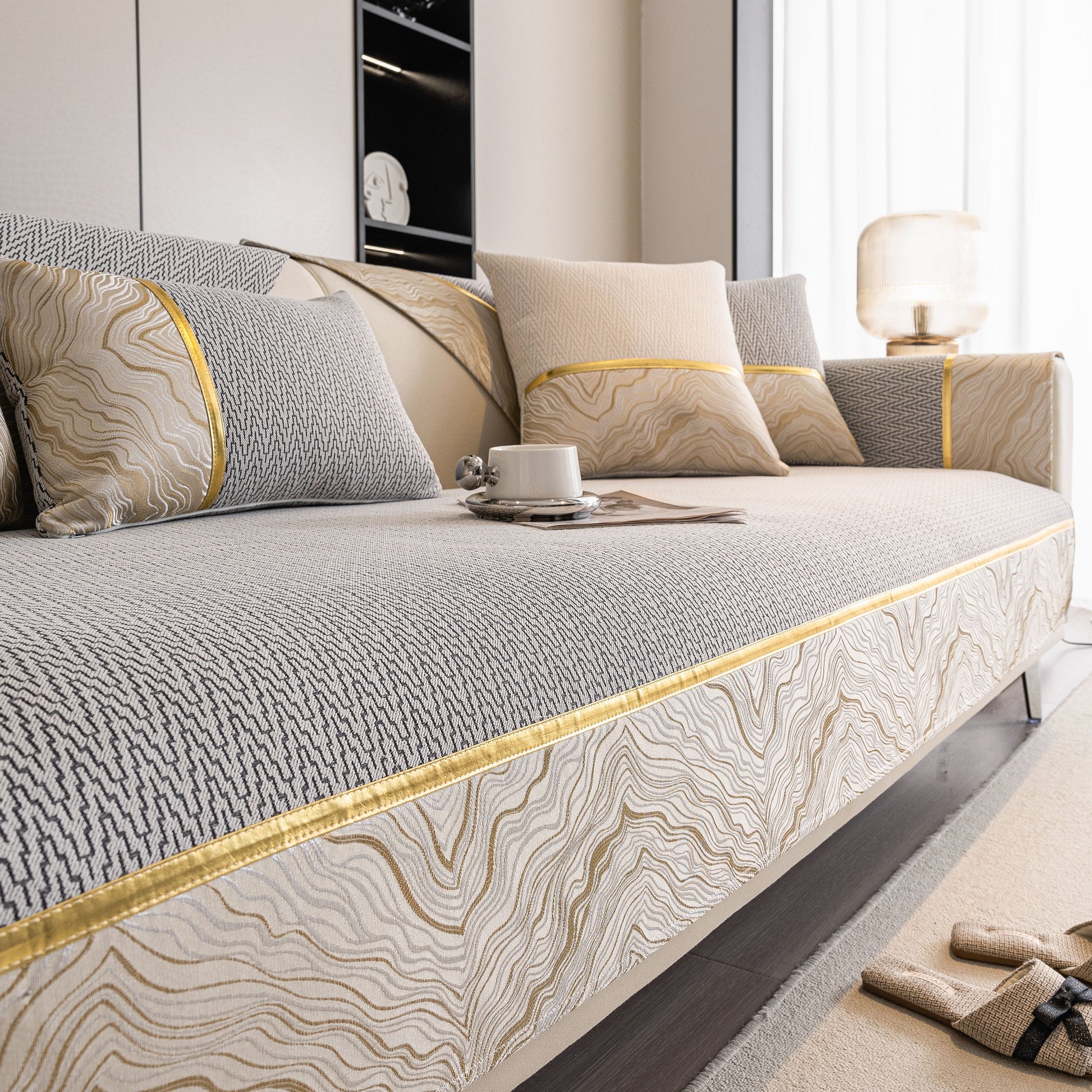 Non-Slip Couch Cover with Gold Trim for Sectional & Loveseat featuring a chenille design, anti-slip backing, and elegant gold edging.
