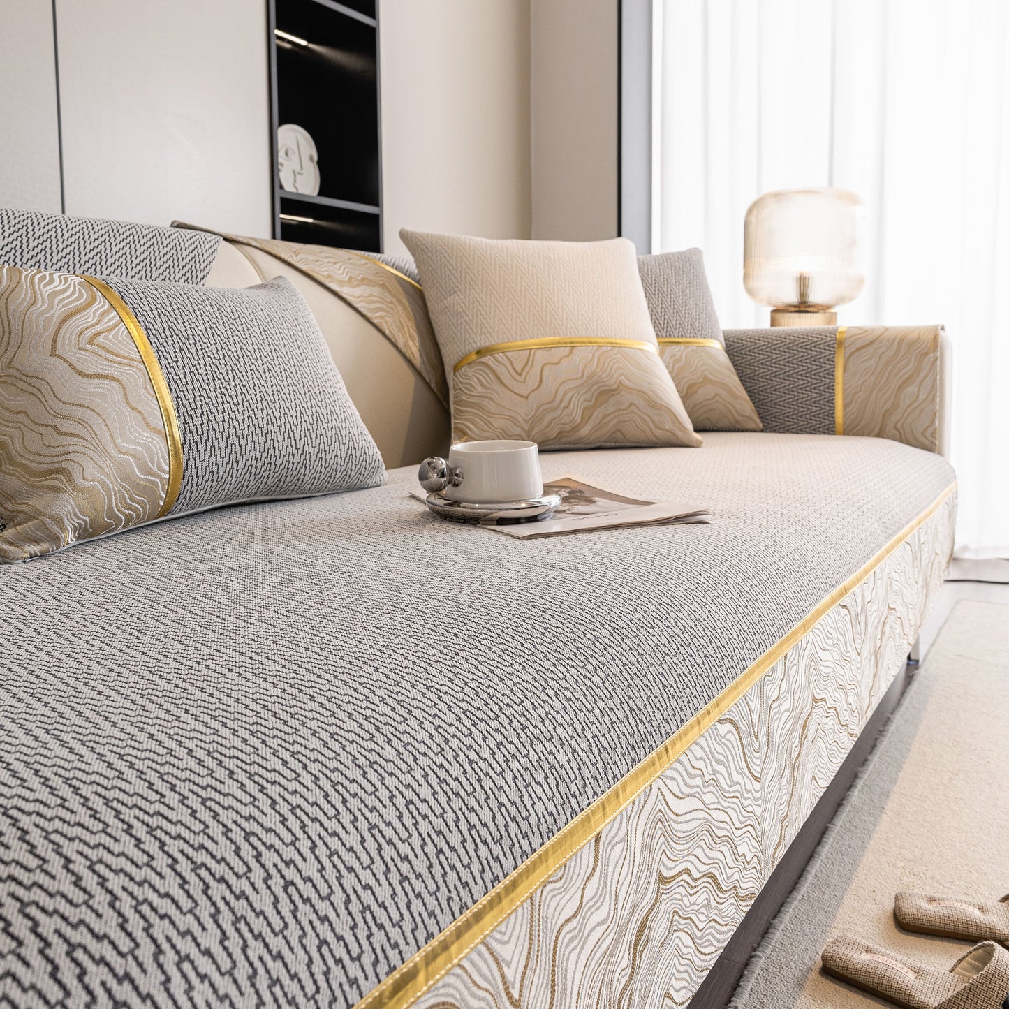 Non-Slip Couch Cover with Gold Trim, Sofa Slipcover for Sectional & Loveseat in elegant chenille design