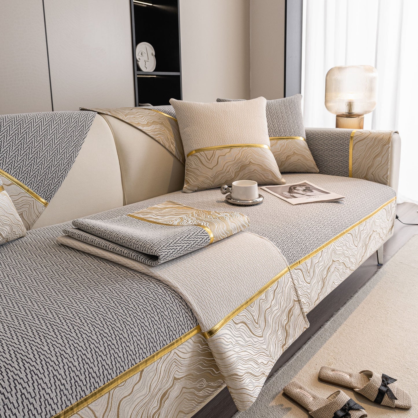 Non-Slip Couch Cover with Gold Trim, Sofa Slipcover for Sectional & Loveseat in chenille with chevron and rock-layer design.