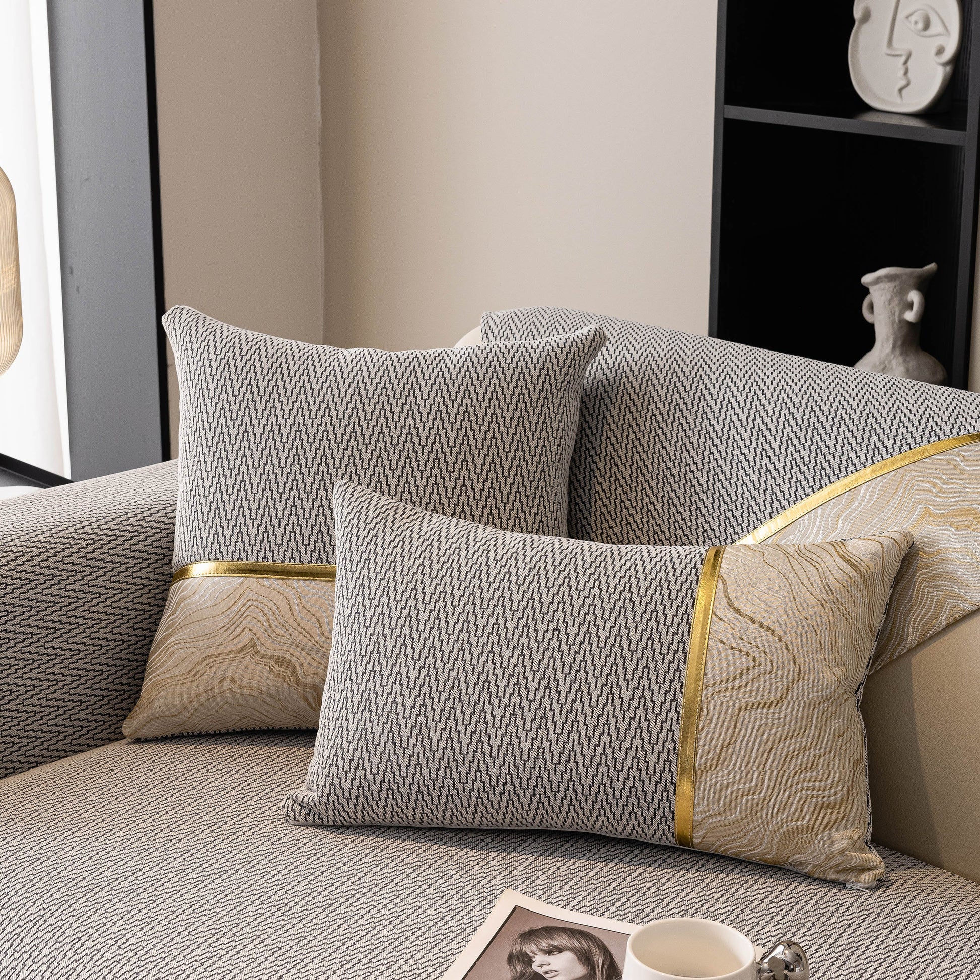 Non-Slip Couch Cover with Gold Trim, Sofa Slipcover for Sectional & Loveseat featuring elegant chenille weave on sofa and pillows