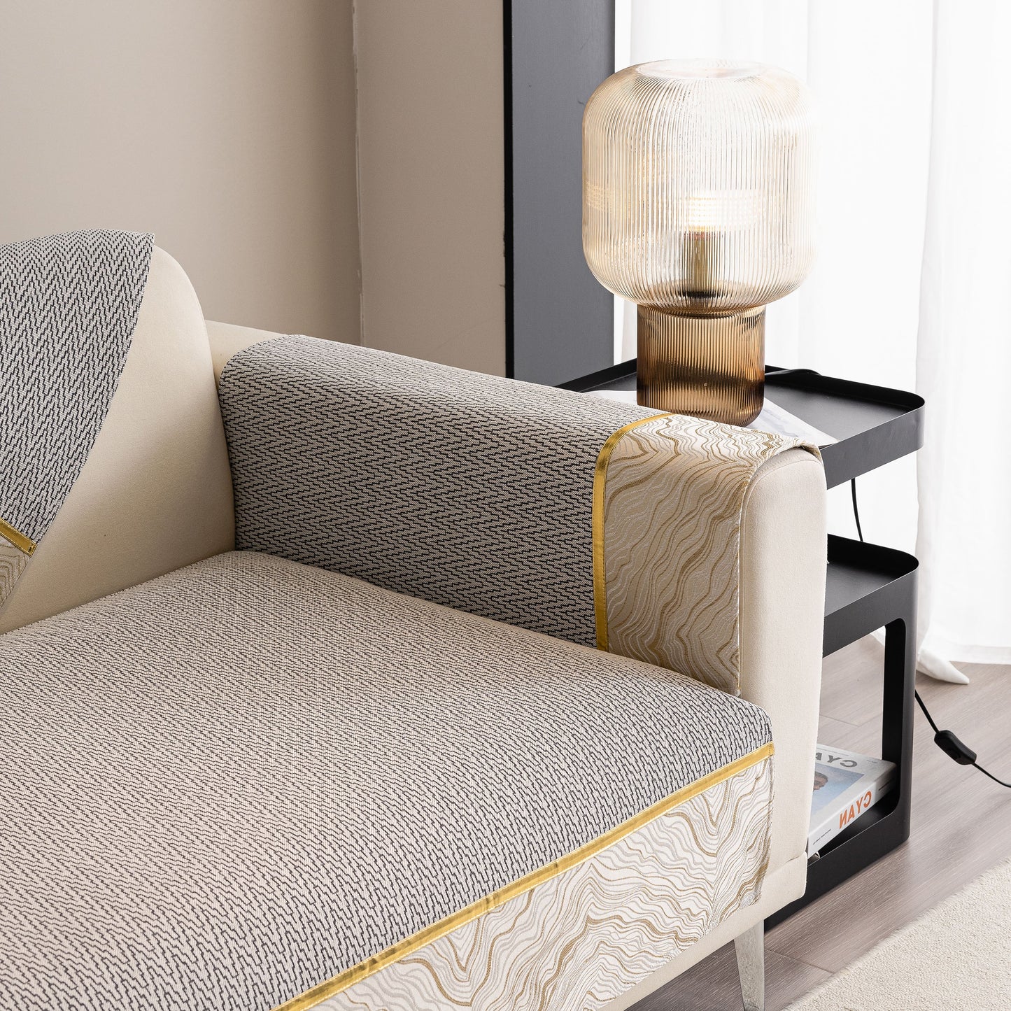 Non-Slip Couch Cover with Gold Trim, Sofa Slipcover for Sectional & Loveseat on modern sofa with elegant design