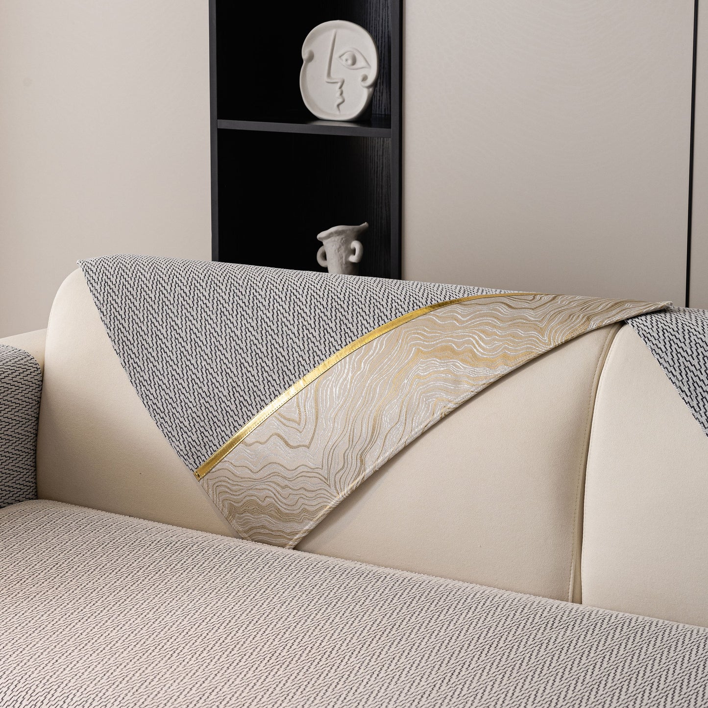 Non-Slip Couch Cover with Gold Trim, Sofa Slipcover for Sectional & Loveseat featuring chevron weave and rock-layer motifs.