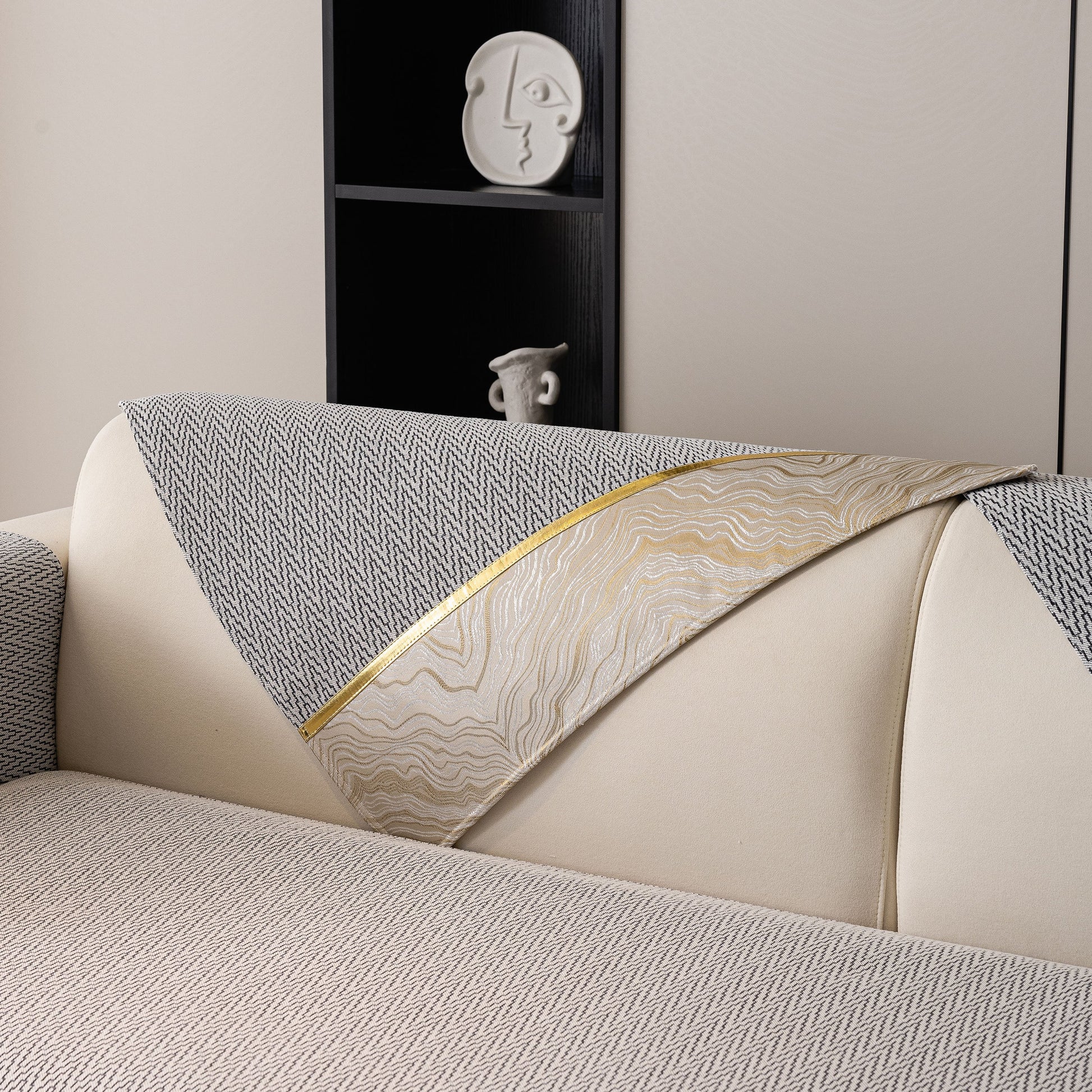 Non-Slip Couch Cover with Gold Trim, Sofa Slipcover for Sectional & Loveseat featuring chevron weave and rock-layer motifs.