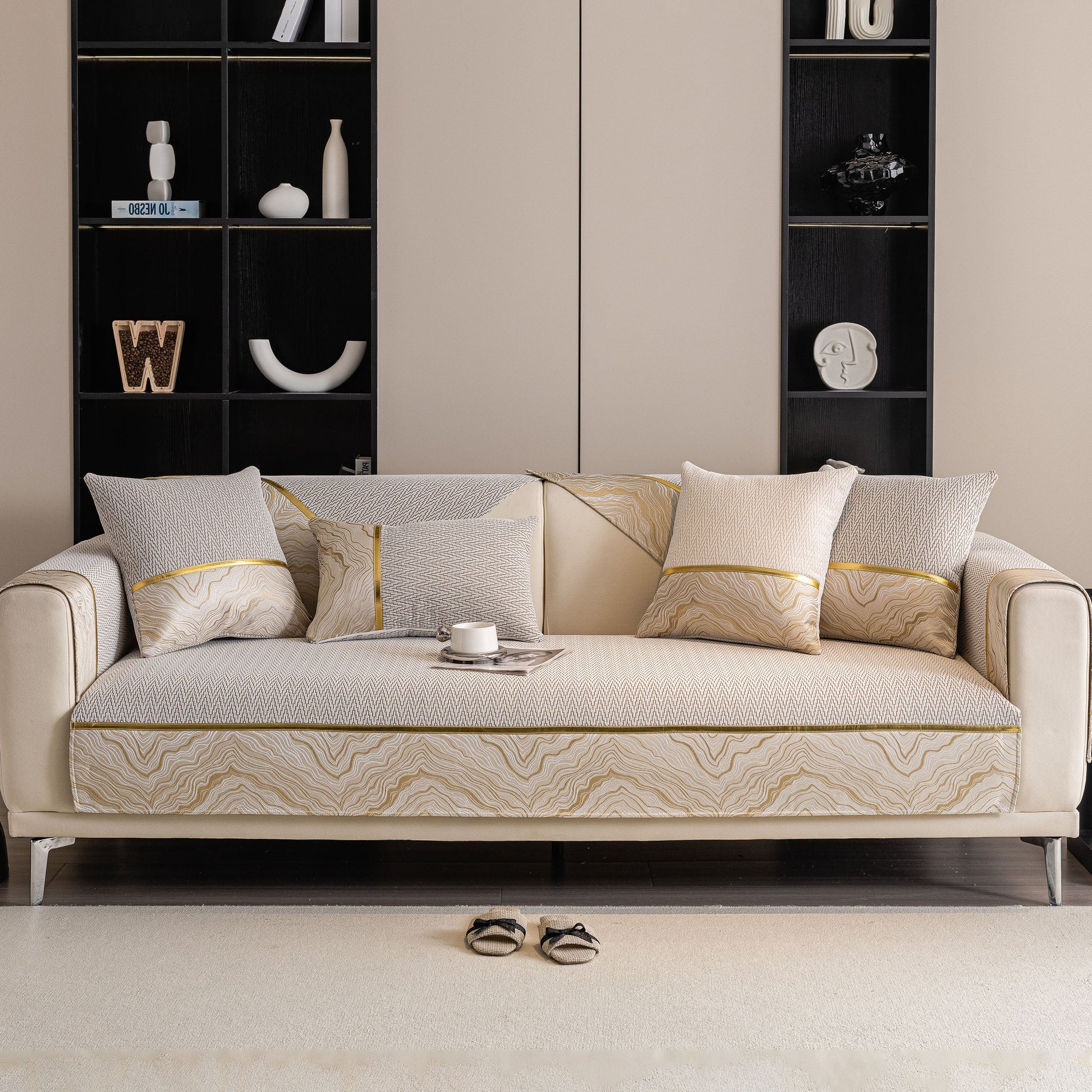 Non-Slip Couch Cover with Gold Trim, Sofa Slipcover for Sectional & Loveseat, elegant chenille design with anti-slip backing.