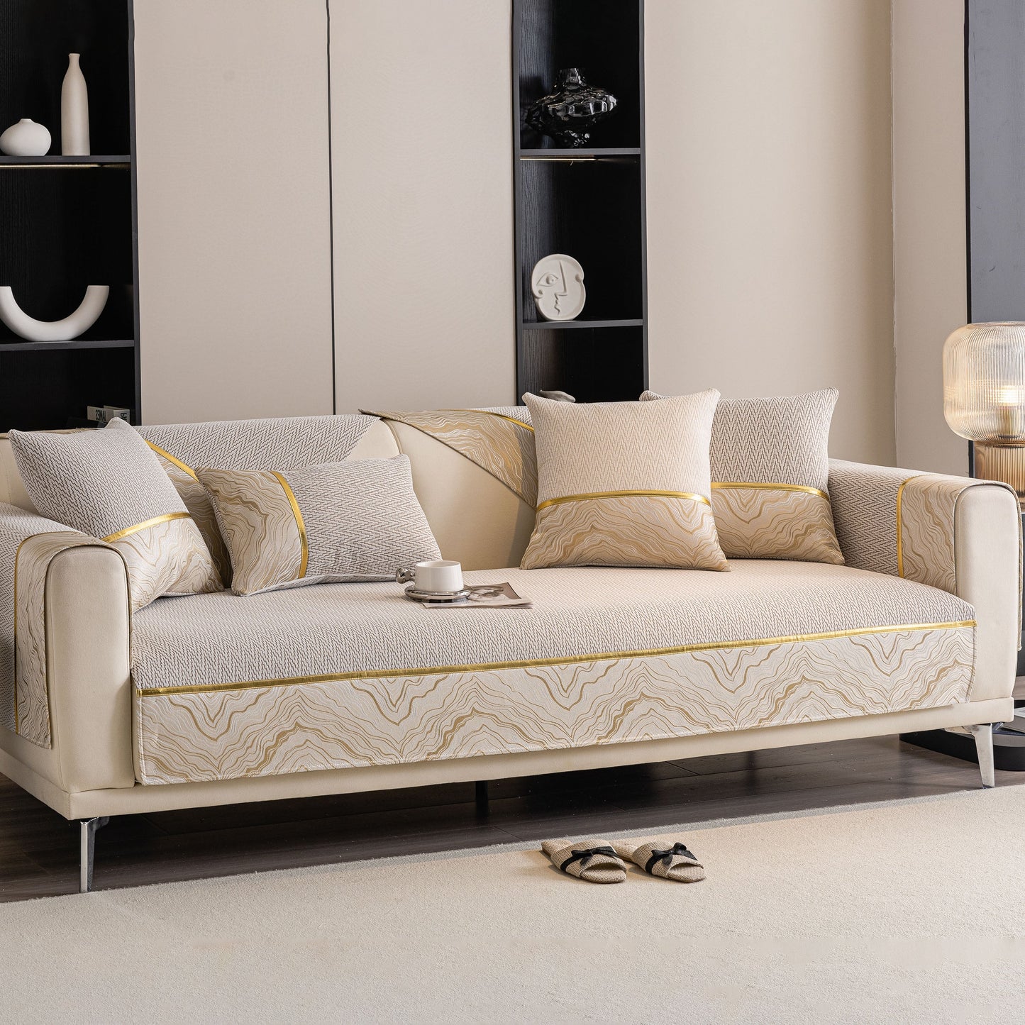 Non-Slip Couch Cover with Gold Trim, Sofa Slipcover for Sectional & Loveseat on a modern beige sofa setup with decorative pillows.