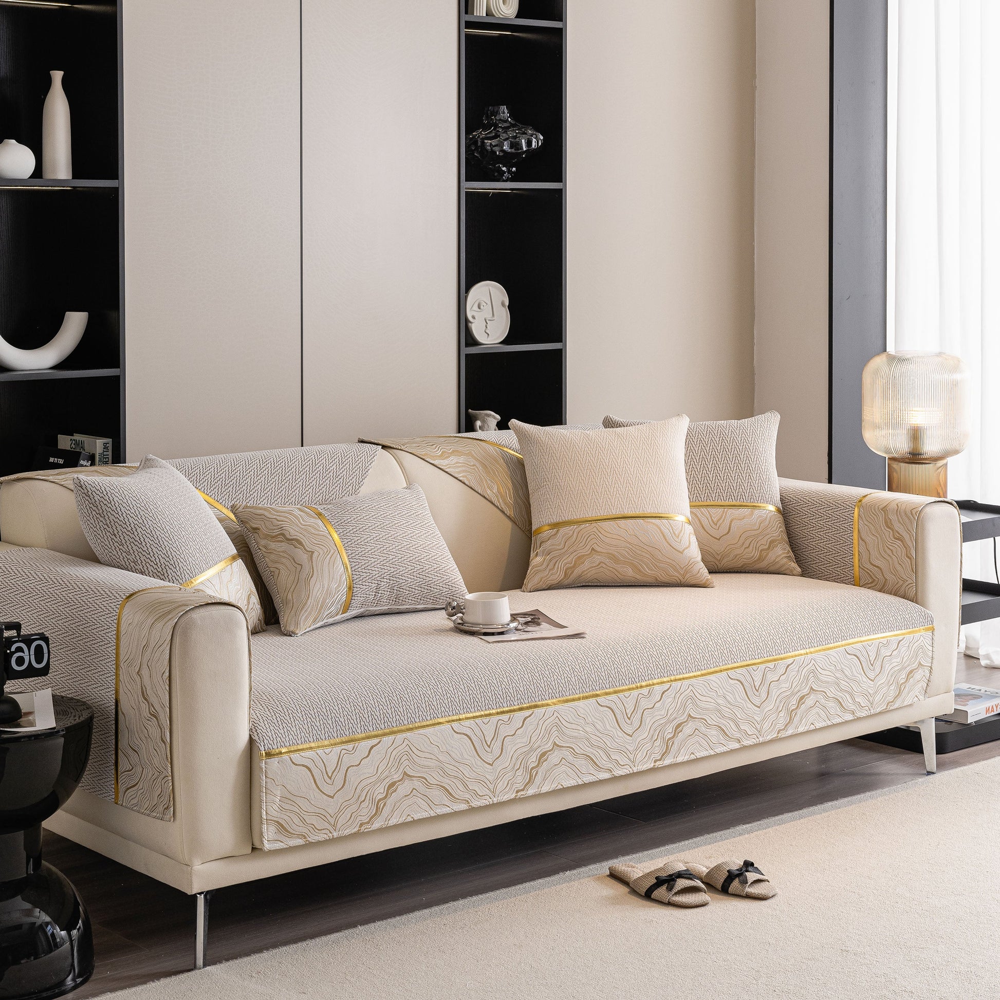 Non-Slip Couch Cover with Gold Trim on modern sectional sofa