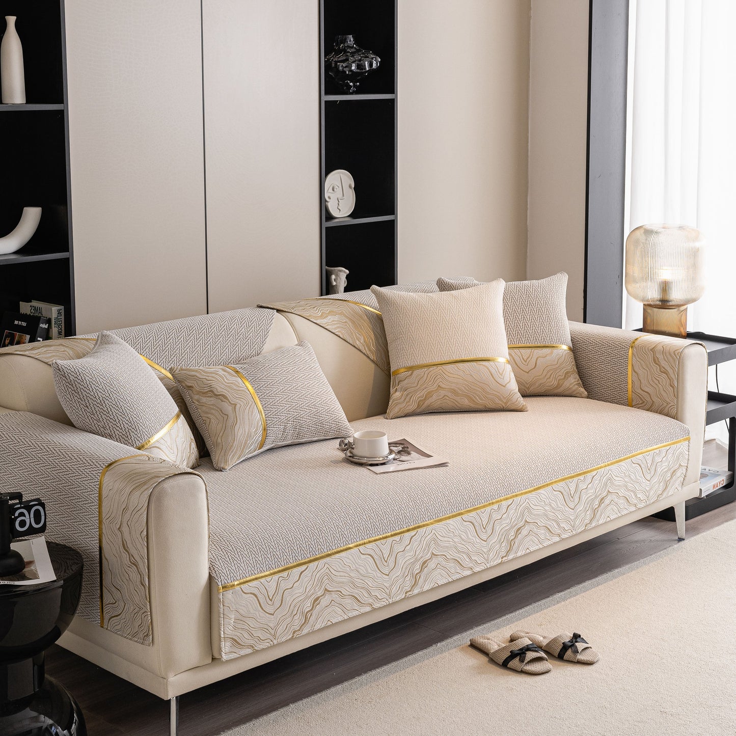 Non-Slip Couch Cover with Gold Trim, Sofa Slipcover for Sectional & Loveseat showcasing chenille fabric and anti-slip backing.