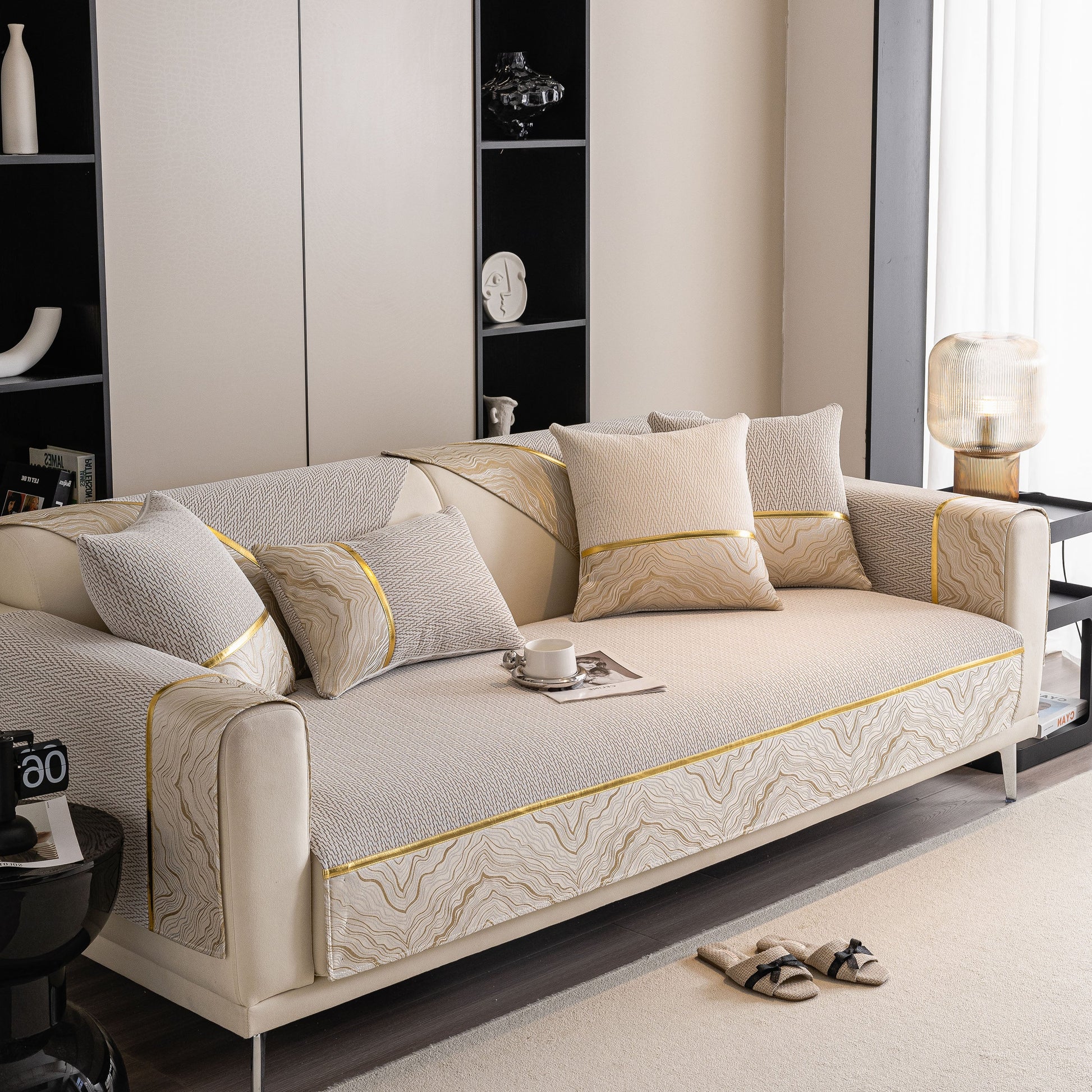 Non-Slip Couch Cover with Gold Trim, Sofa Slipcover for Sectional & Loveseat showcasing chenille fabric and anti-slip backing.