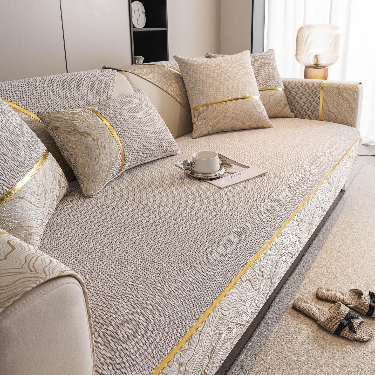 Elegant living room with Non-Slip Couch Cover with Gold Trim, Sofa Slipcover for Sectional & Loveseat showcasing chenille fabric.