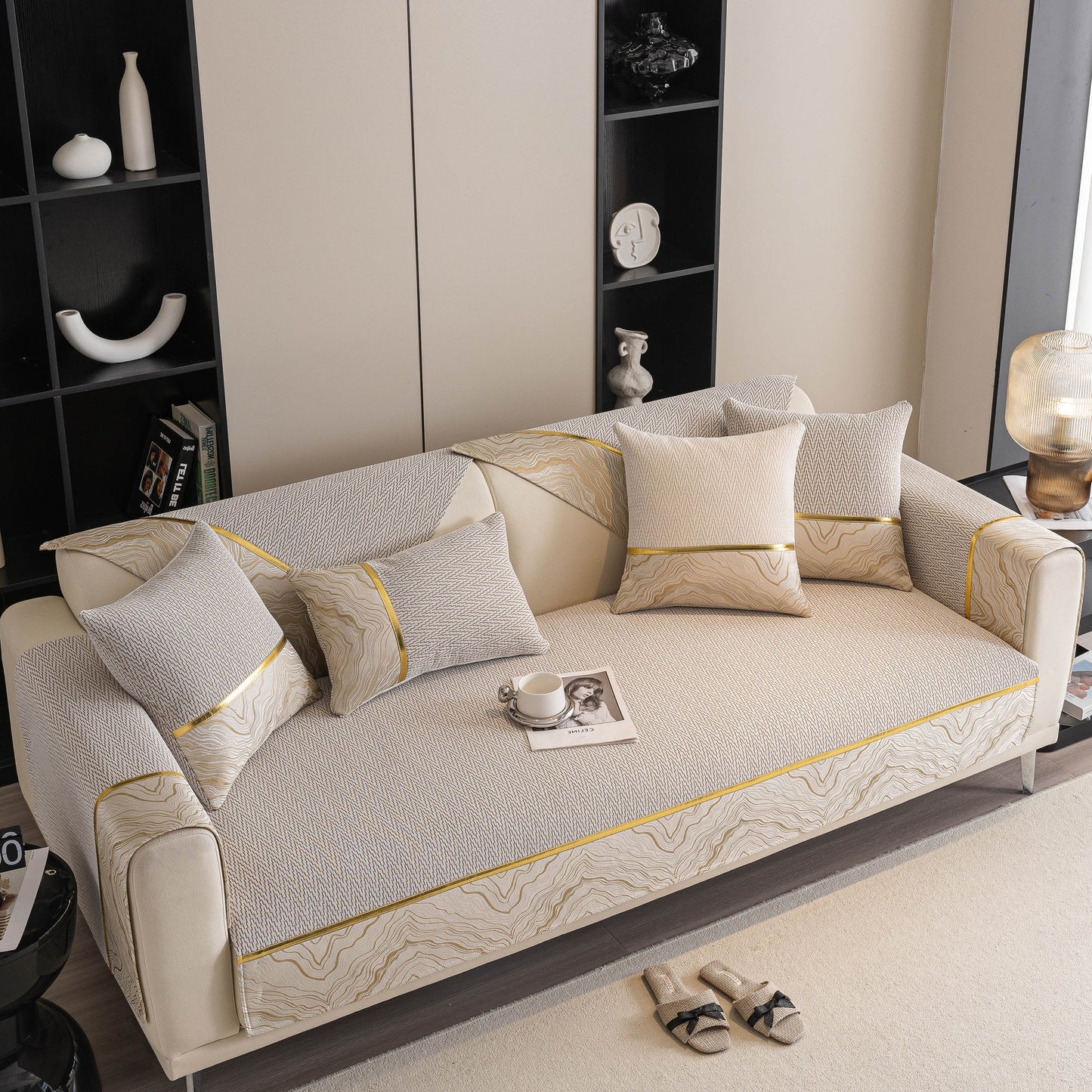 Non-Slip Couch Cover with Gold Trim on a sectional sofa, featuring elegant dual-pattern chenille design with silicone anti-slip backing.