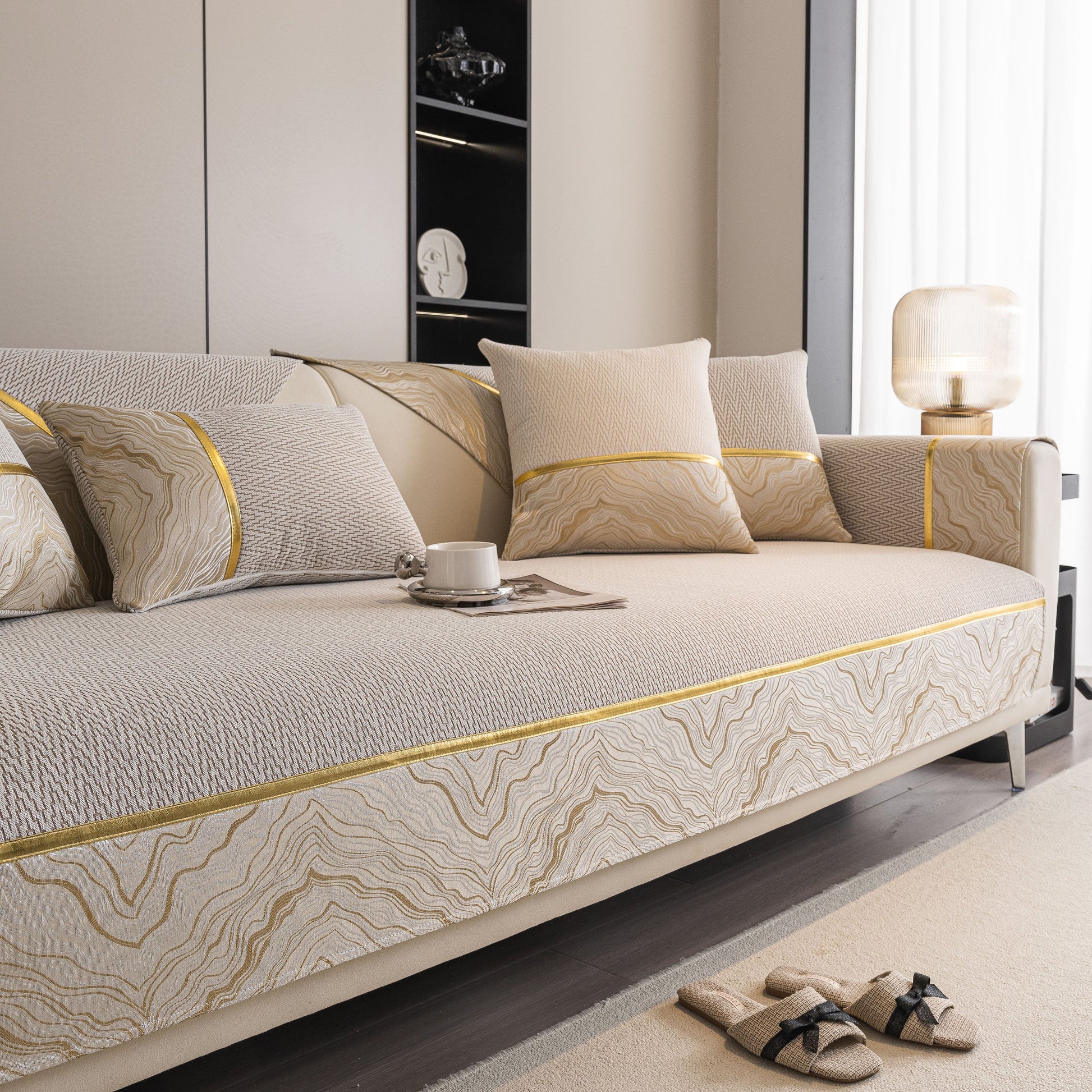 Non-Slip Couch Cover with Gold Trim, Sofa Slipcover for Sectional & Loveseat featuring chenille with a dual-pattern design.