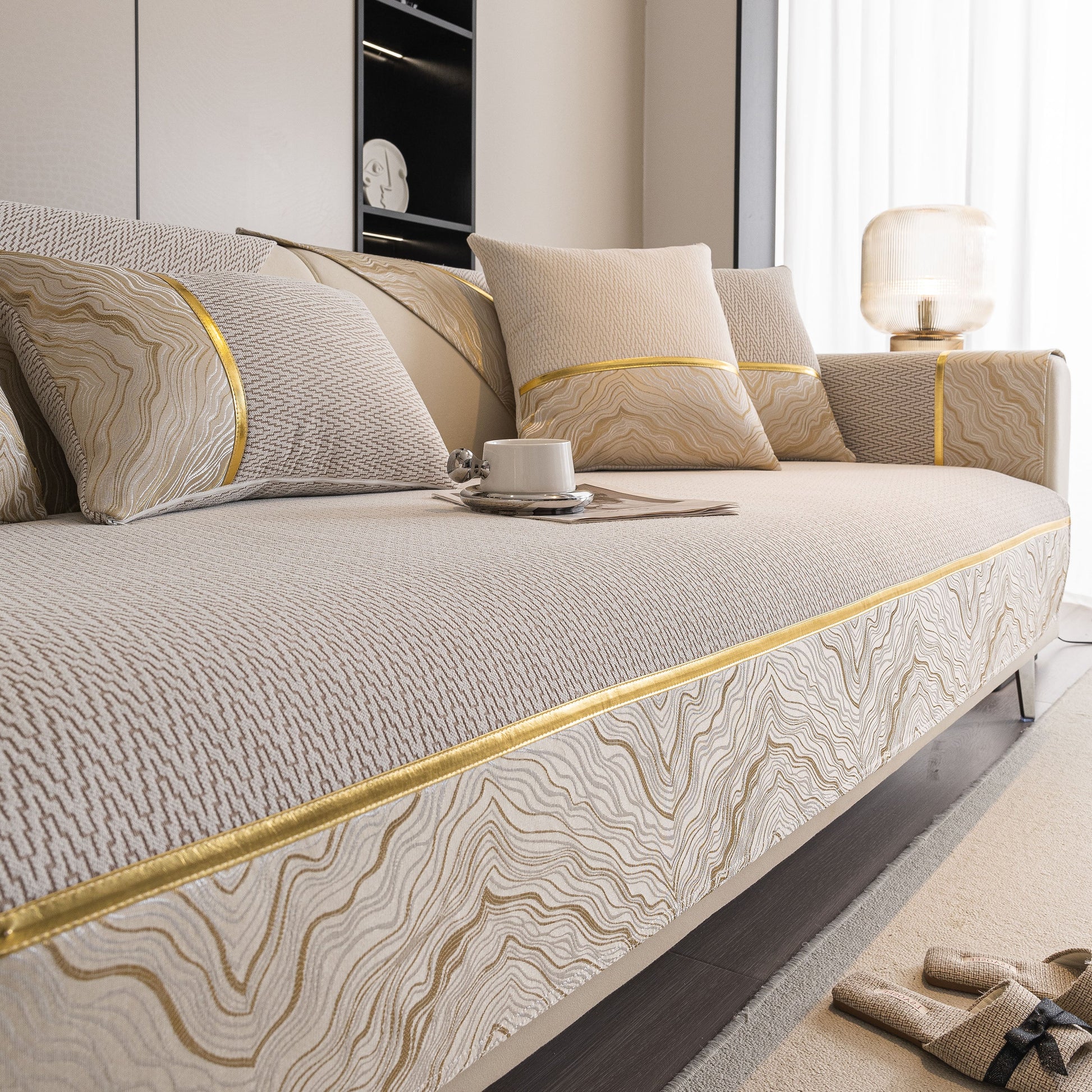 Non-Slip Couch Cover with Gold Trim, Sofa Slipcover for Sectional & Loveseat on modern sofa, featuring elegant chenille fabric