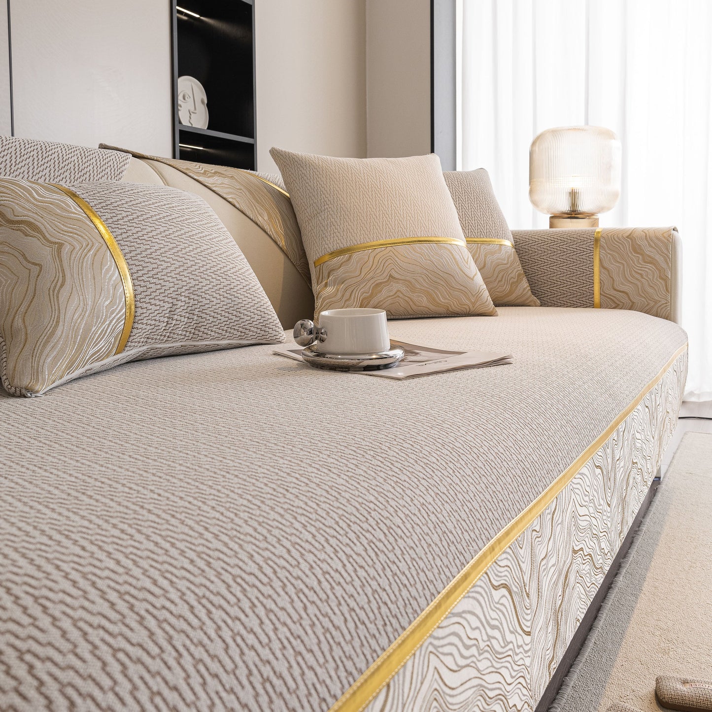 Non-Slip Couch Cover with Gold Trim, Sofa Slipcover for Sectional & Loveseat featuring chenille fabric and anti-slip design.