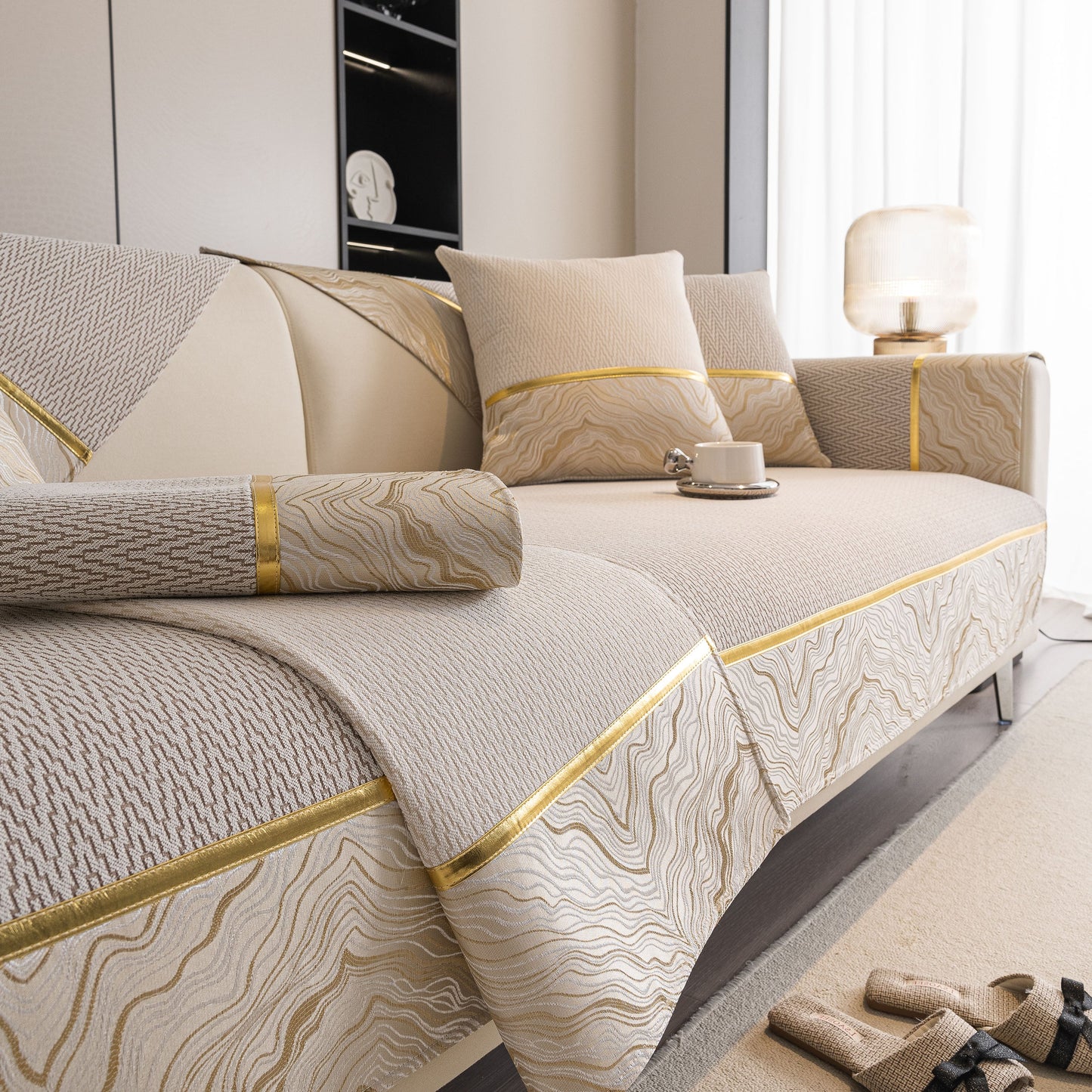 Non-Slip Couch Cover with Gold Trim, Sofa Slipcover for Sectional & Loveseat showcasing dual-pattern design and silicone anti-slip dots.