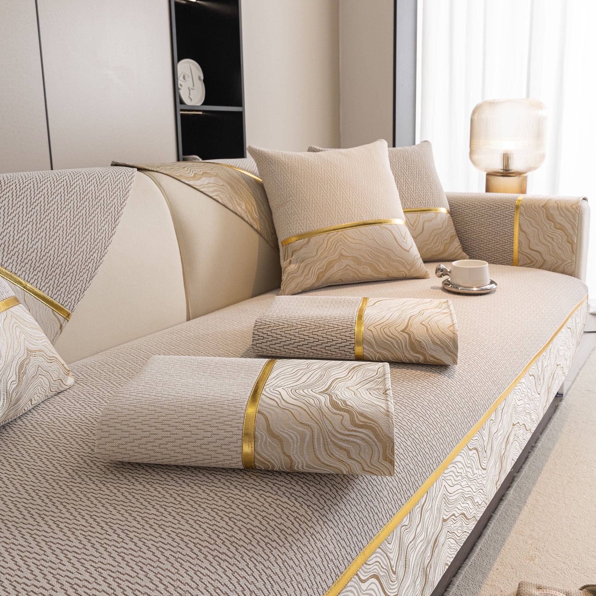 Non-Slip Couch Cover with Gold Trim, Sofa Slipcover for Sectional & Loveseat in chenille with chevron and rock-layer patterns.
