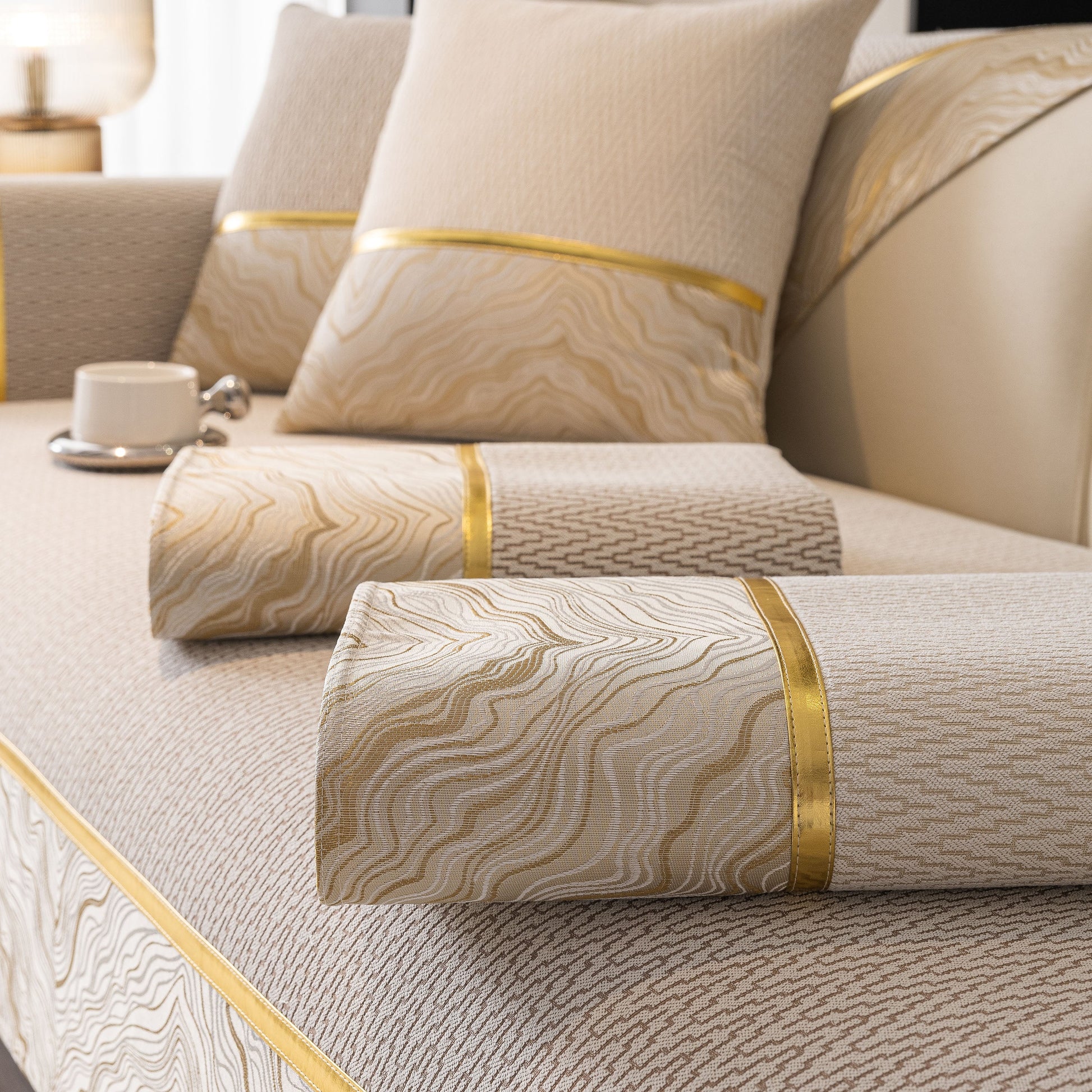 Non-Slip Couch Cover with Gold Trim, Sofa Slipcover for Sectional & Loveseat on a stylish sofa setting.