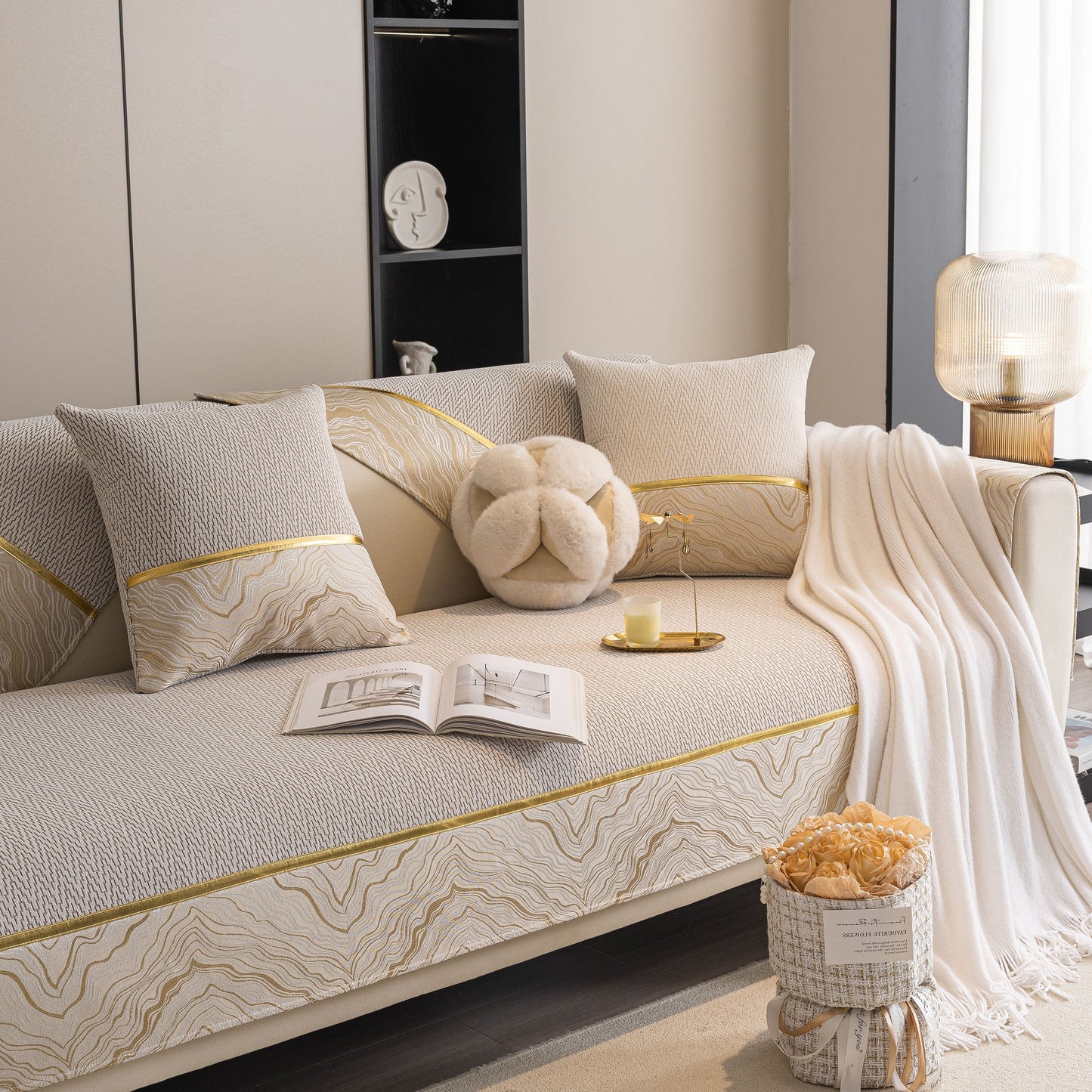 Non-Slip Couch Cover with Gold Trim, Sofa Slipcover for Sectional & Loveseat, featuring chenille fabric and elegant design.