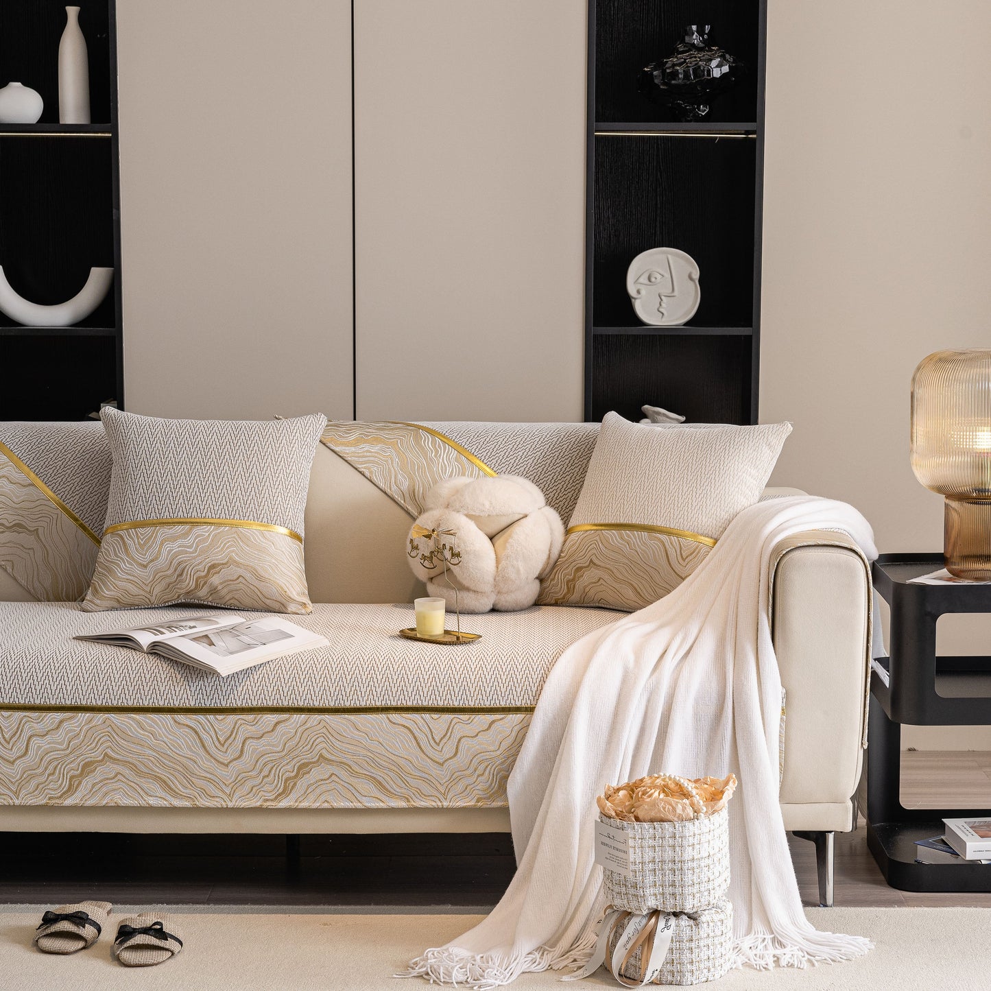 Non-Slip Couch Cover with Gold Trim, Sofa Slipcover for Sectional & Loveseat showcased in an elegant living room setup.