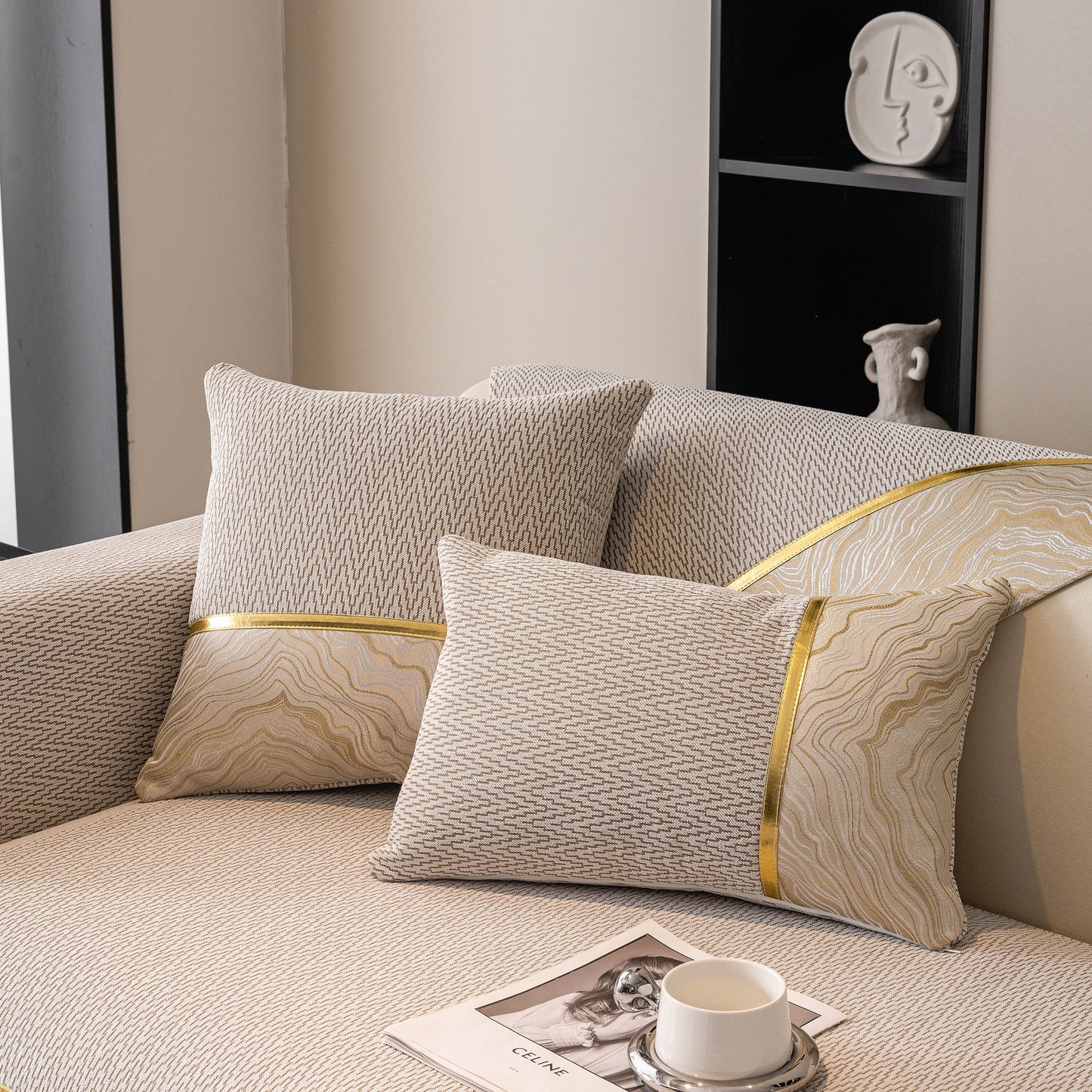 Non-Slip Couch Cover with Gold Trim, Sofa Slipcover for Sectional & Loveseat, chenille with chevron and rock-layer patterns.