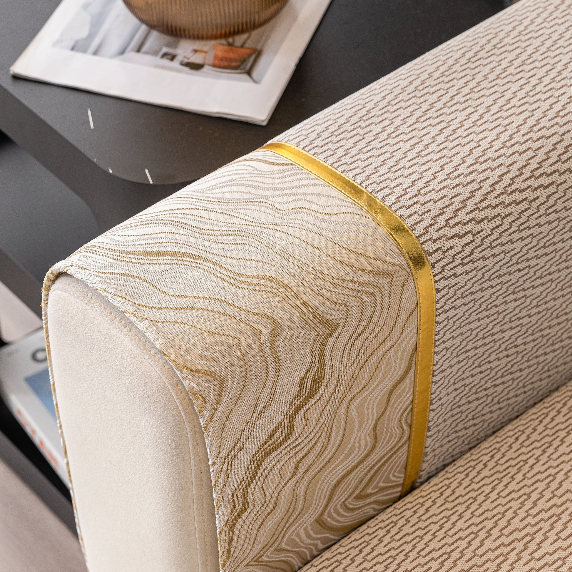 Non-Slip Couch Cover with Gold Trim on sectional, featuring chenille chevron weave and rock-layer motifs by SlipcoverKAS.