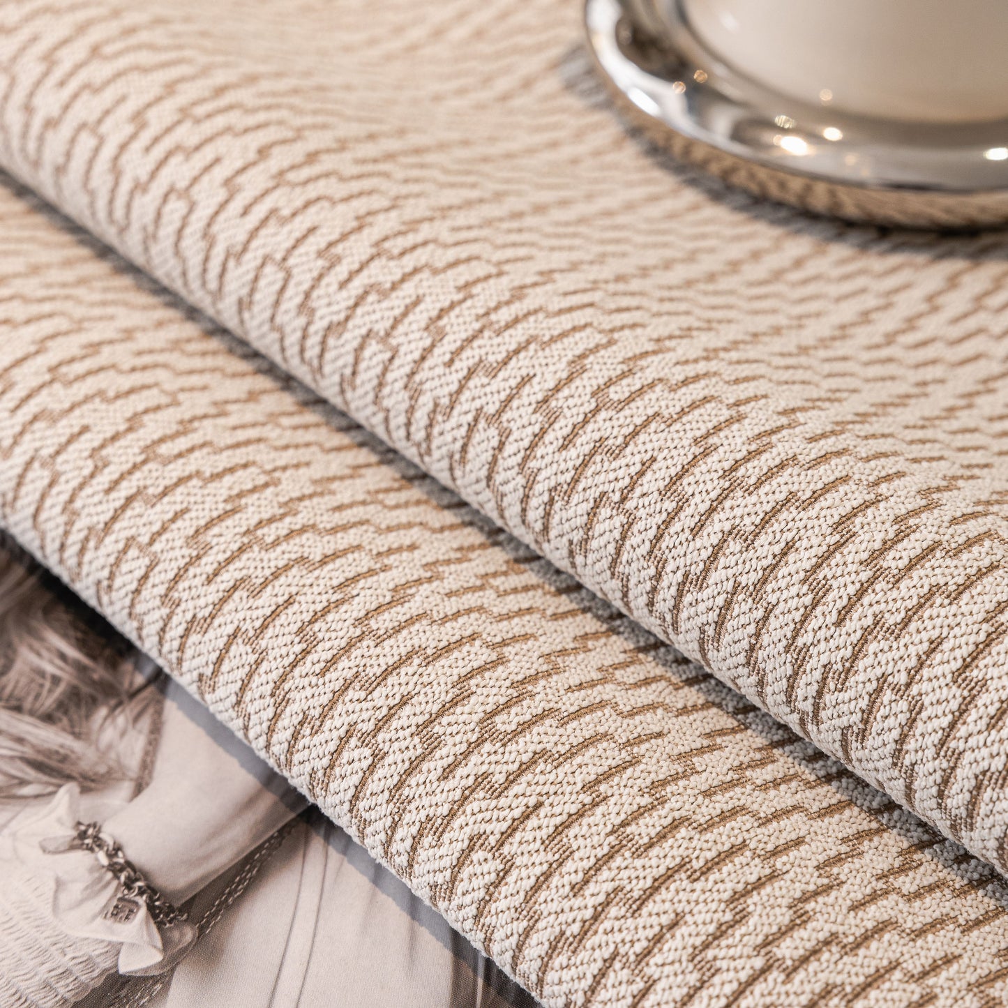 Non-Slip Couch Cover with Gold Trim, Sofa Slipcover for Sectional & Loveseat illustrating chenille texture and gold edging.