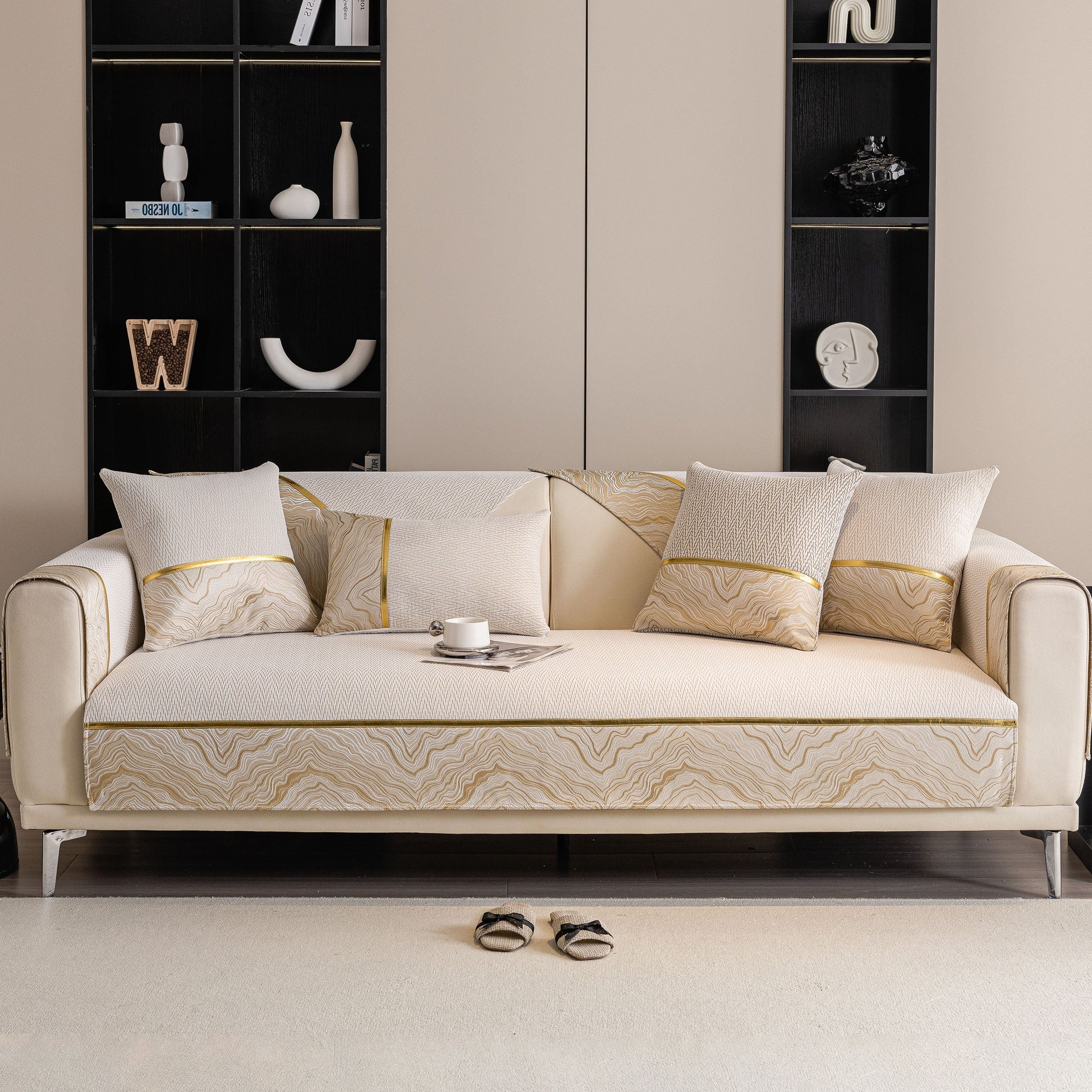 Non-Slip Couch Cover with Gold Trim, Sofa Slipcover for Sectional & Loveseat on modern sofa with decorative cushions.