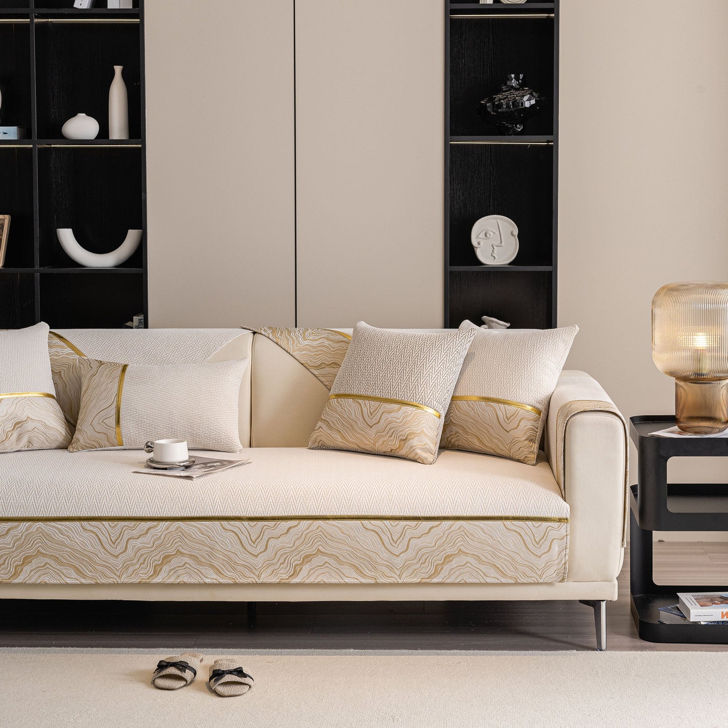 Non-Slip Couch Cover with Gold Trim, Sofa Slipcover for Sectional & Loveseat in elegant chenille with anti-slip design and pattern.