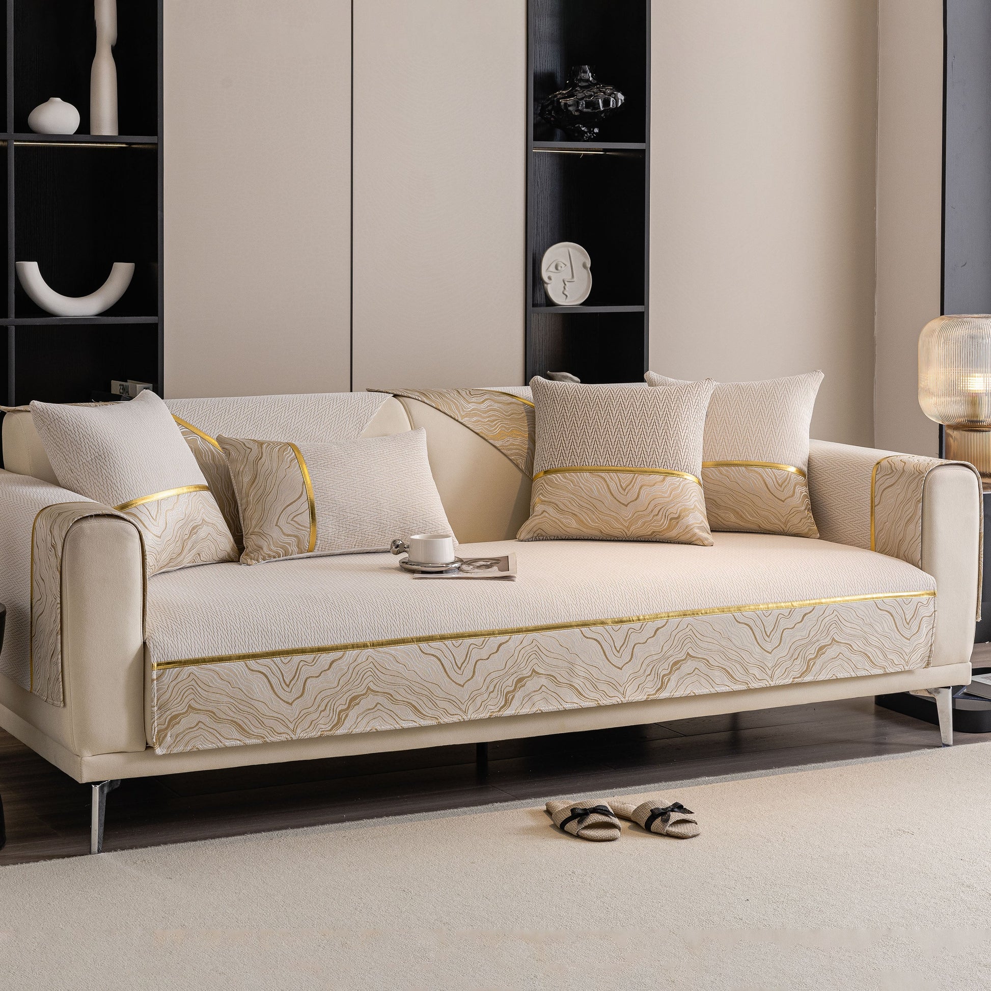 Non-Slip Couch Cover with Gold Trim, Sofa Slipcover for Sectional & Loveseat on modern sofa