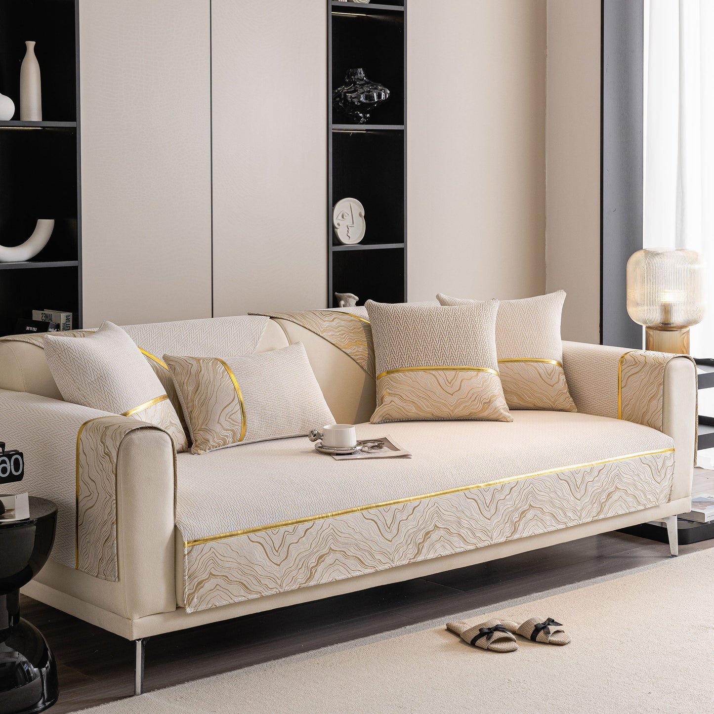 Non-Slip Couch Cover with Gold Trim on a modern sectional, showcasing chenille fabric and chevron design, ideal for elegant living rooms.