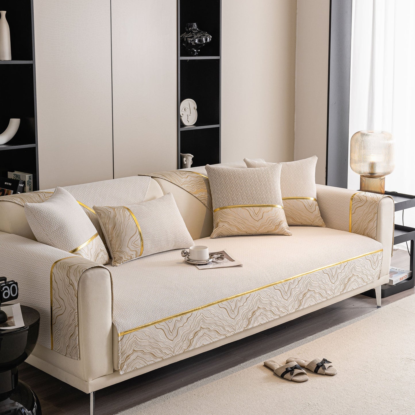 Non-Slip Couch Cover with Gold Trim on sectional sofa, chenille slipcover with chevron and rock motifs shown in modern living room
