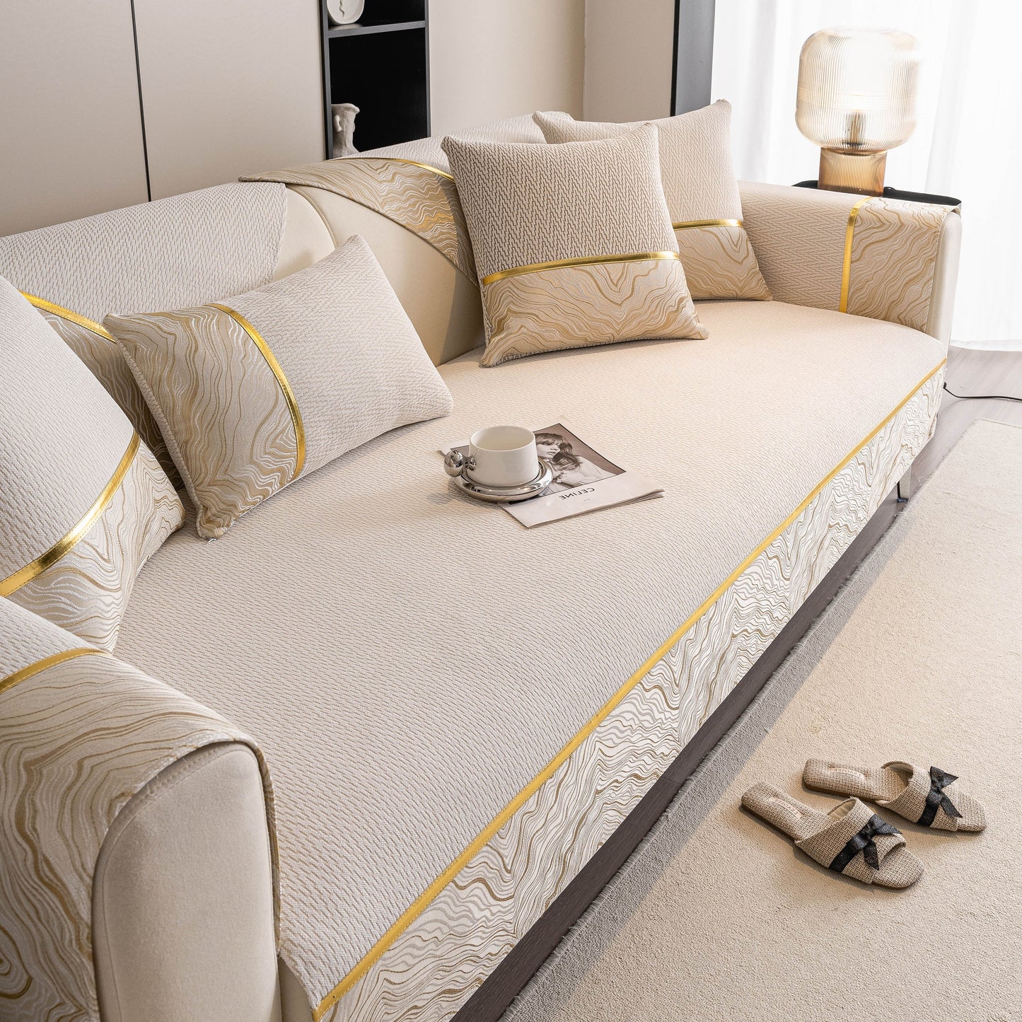 Non-Slip Couch Cover with Gold Trim, Sofa Slipcover for Sectional & Loveseat in chenille with dual-pattern, anti-slip design.