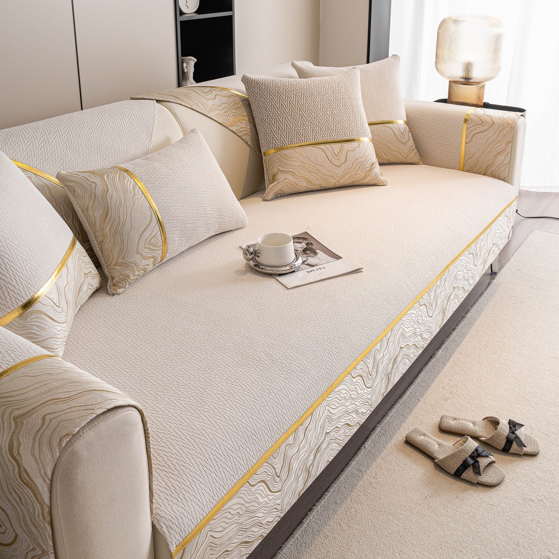 Non-Slip Couch Cover with Gold Trim, Sofa Slipcover for Sectional & Loveseat in chenille with dual-pattern, anti-slip design.