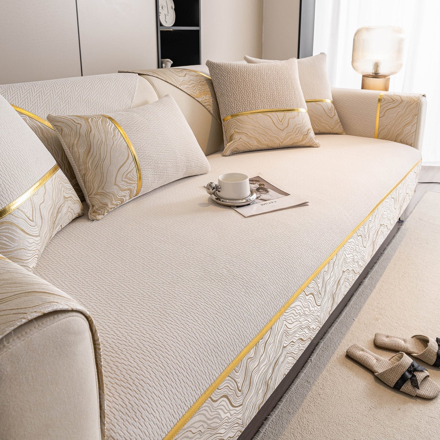Non-Slip Couch Cover with Gold Trim, Sofa Slipcover for Sectional & Loveseat, elegant chenille design on a modern sofa