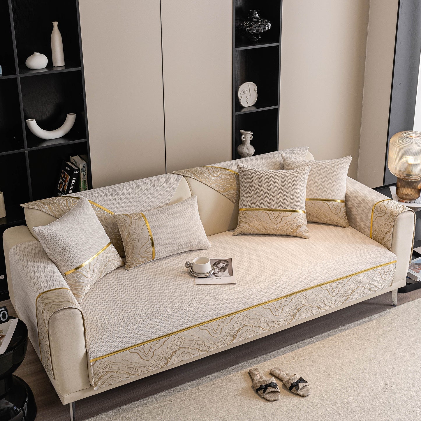 Elegant living room featuring Non-Slip Couch Cover with Gold Trim, Sofa Slipcover for Sectional & Loveseat, showcasing chevron weave and motifs.