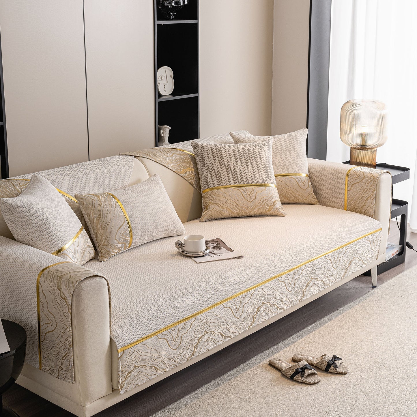 Non-Slip Couch Cover with Gold Trim on a sectional sofa, featuring chenille design with chevron patterns and rock-layer motifs.
