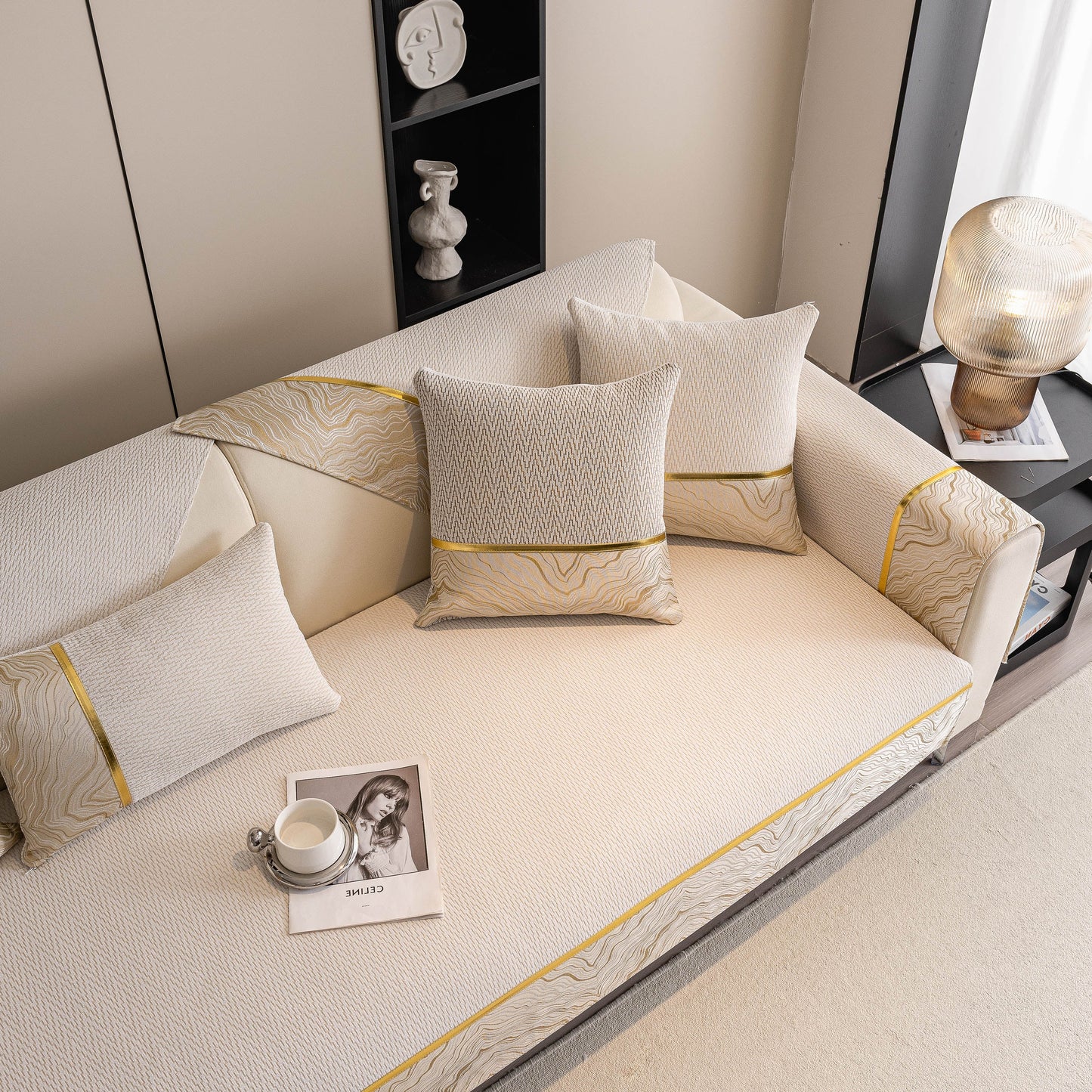 Non-Slip Couch Cover with Gold Trim on Sectional Sofa, showing dual-pattern design and anti-slip features in living space.