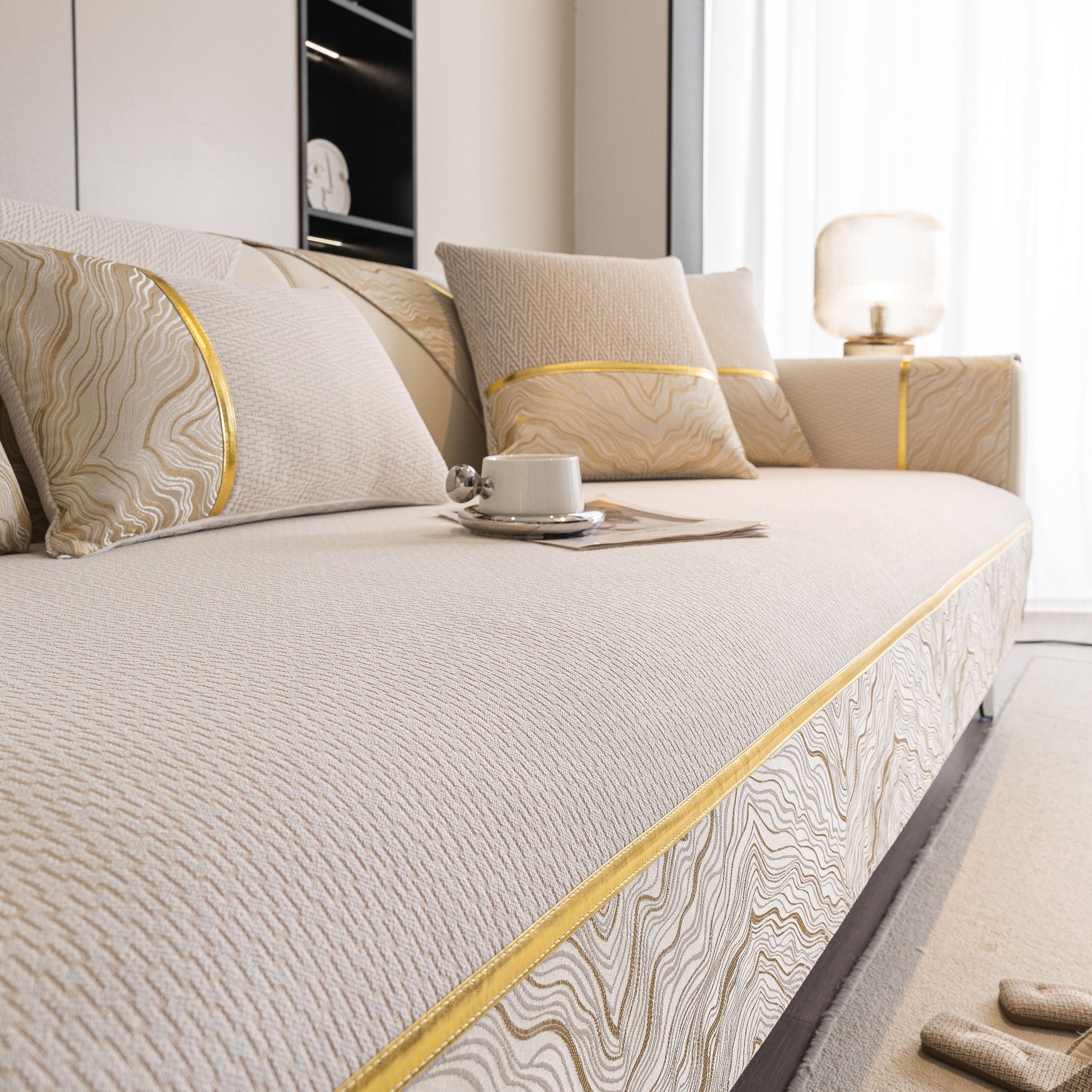 Non-Slip Couch Cover with Gold Trim, Sofa Slipcover for Sectional & Loveseat showcasing chenille texture and silicone anti-slip backing.