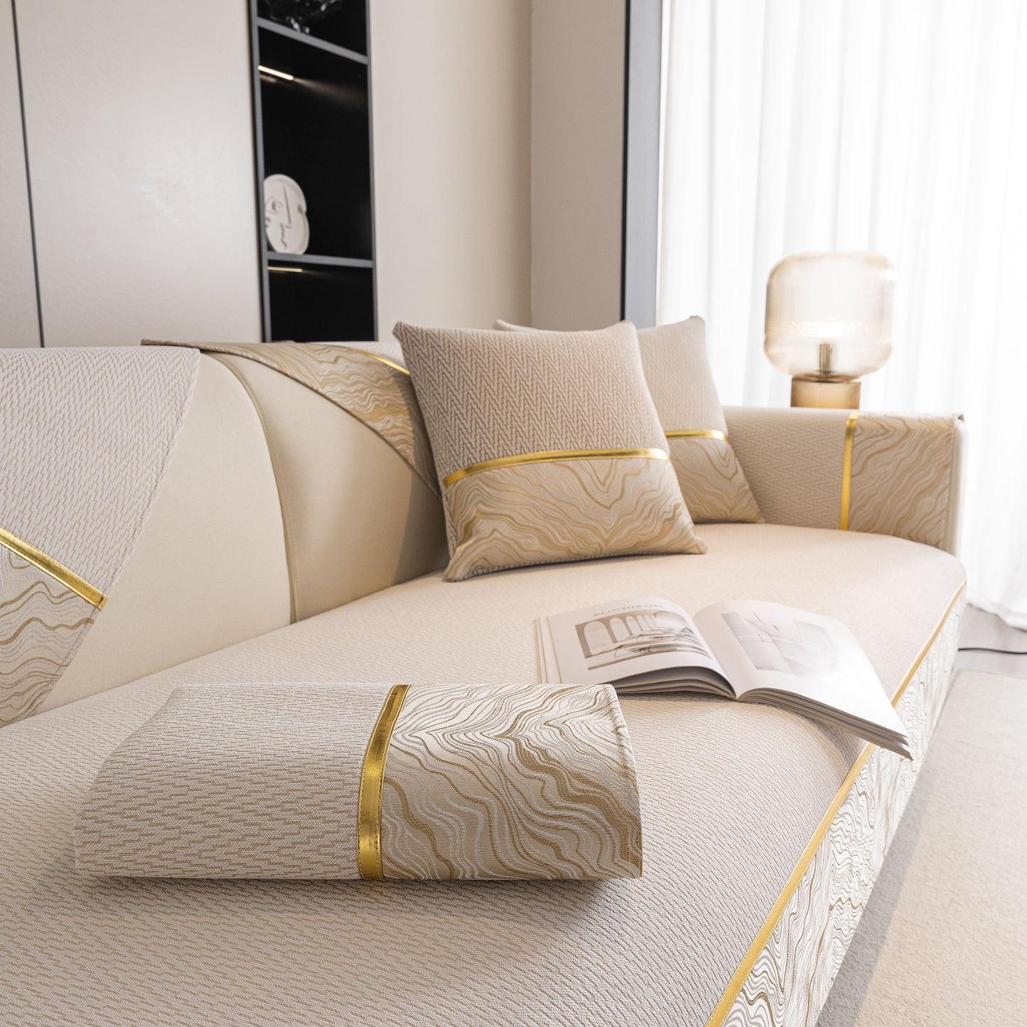 Non-Slip Couch Cover with Gold Trim, Sofa Slipcover for Sectional & Loveseat featuring elegant chenille design and silicone anti-slip dots.