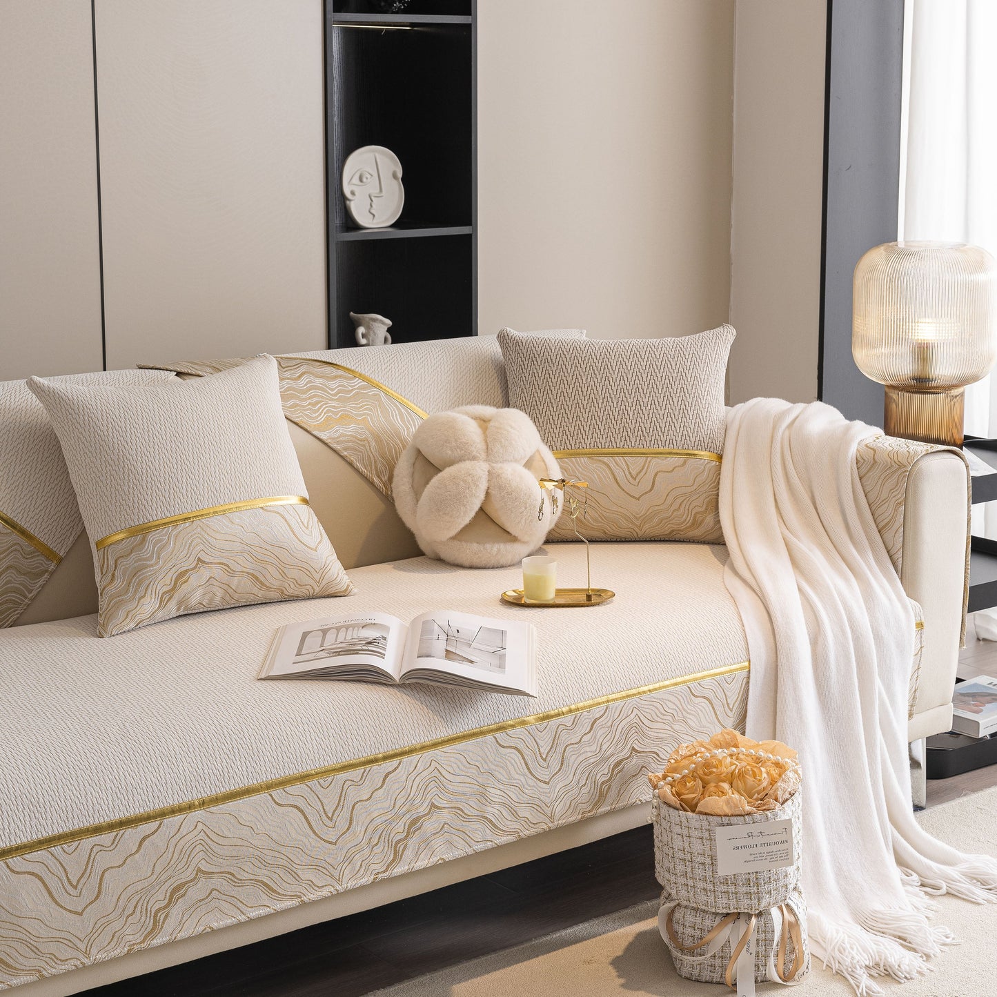 Non-Slip Couch Cover with Gold Trim, Sofa Slipcover for Sectional & Loveseat on a modern sofa.
