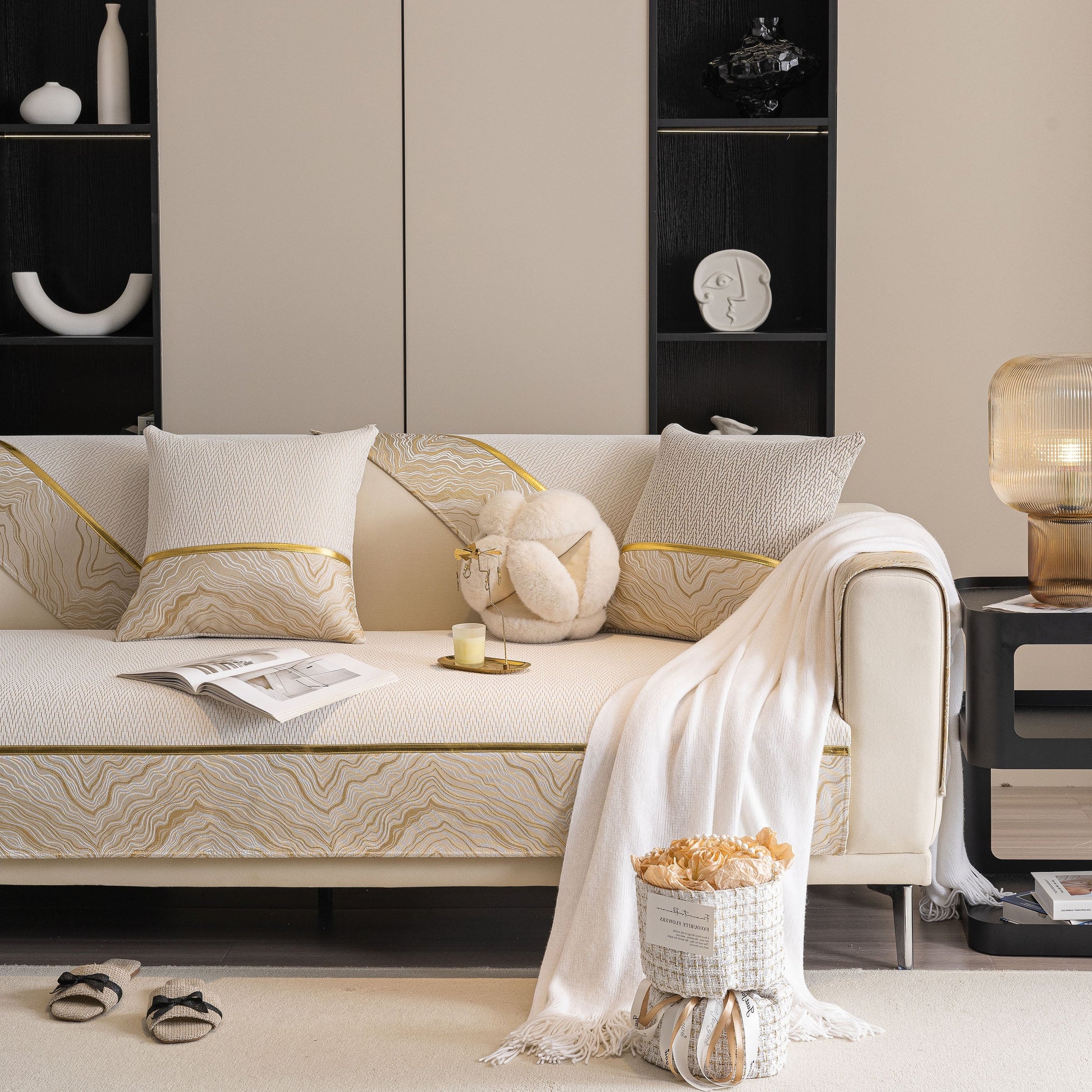Non-Slip Couch Cover with Gold Trim, Sofa Slipcover for Sectional & Loveseat in elegant living room setting with decor.