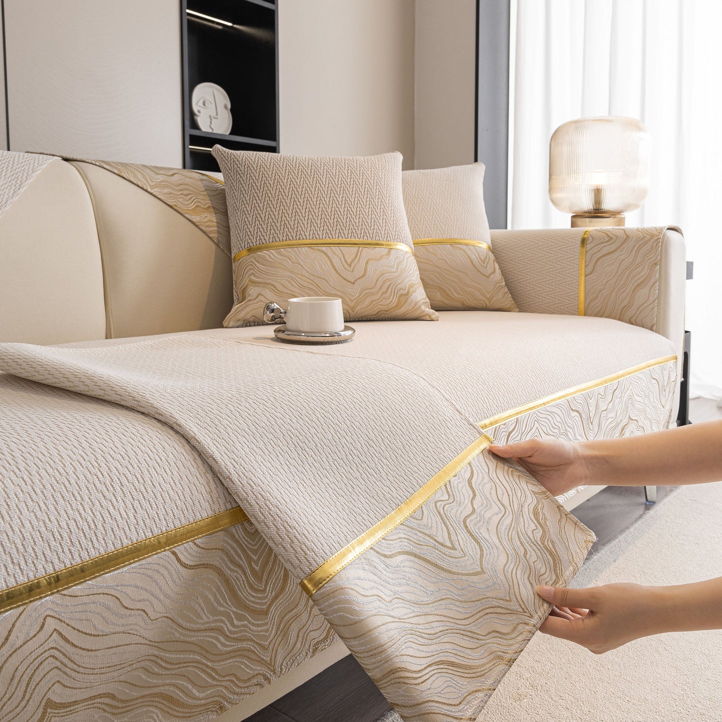 Non-Slip Couch Cover with Gold Trim, Sofa Slipcover for Sectional & Loveseat in chenille with chevron and rock-layer motifs