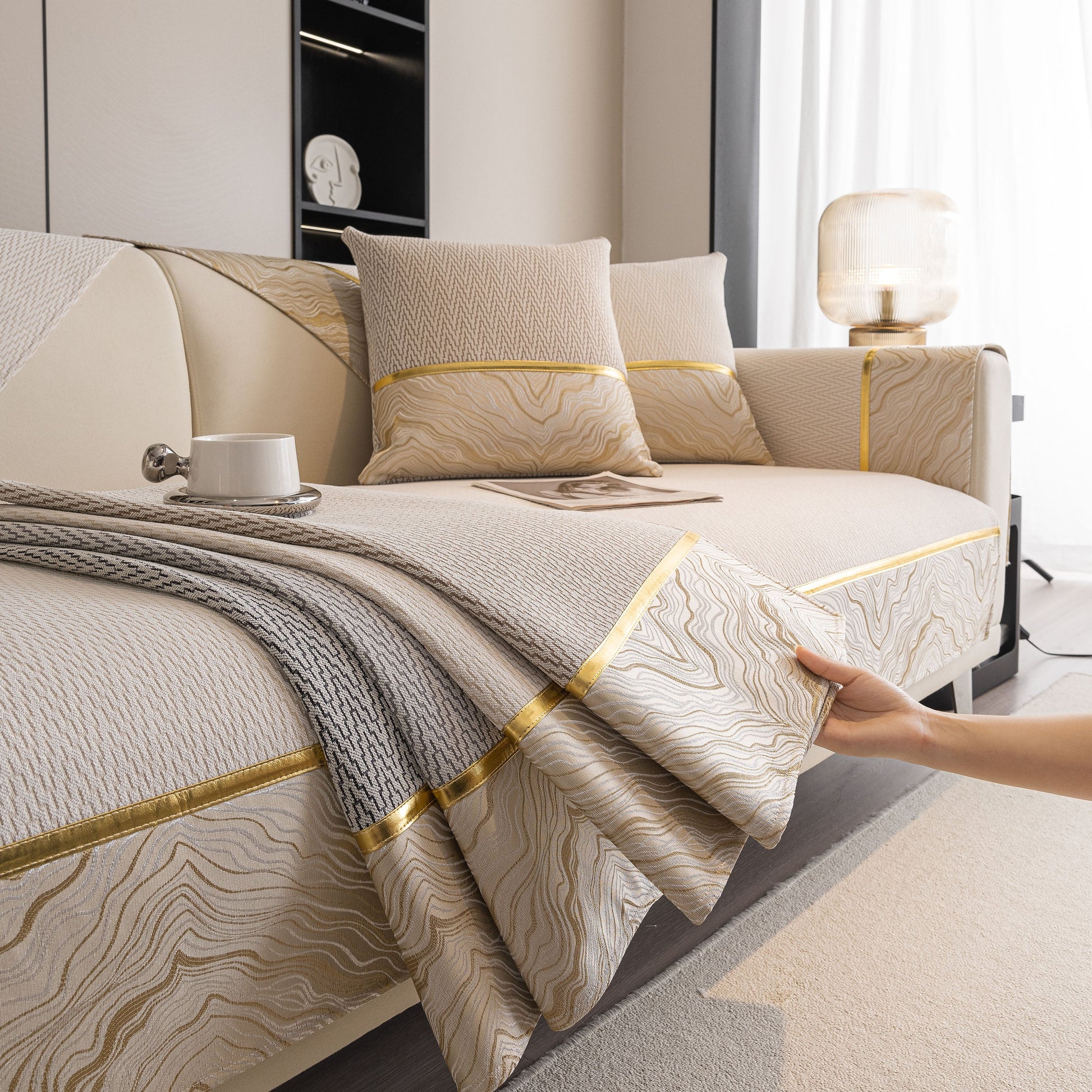 Non-Slip Couch Cover with Gold Trim, chenille sofa slipcover for sectional & loveseat, features dual-pattern design and silicone anti-slip dots
