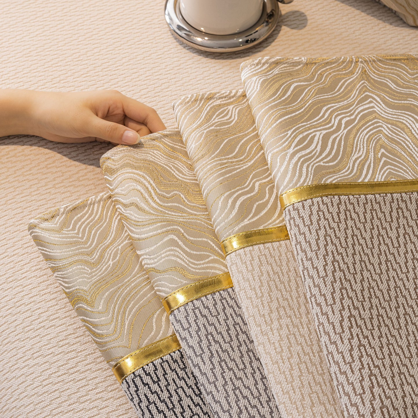 Non-Slip Couch Cover with Gold Trim, Sofa Slipcover for Sectional & Loveseat featuring chenille with chevron and rock pattern designs.