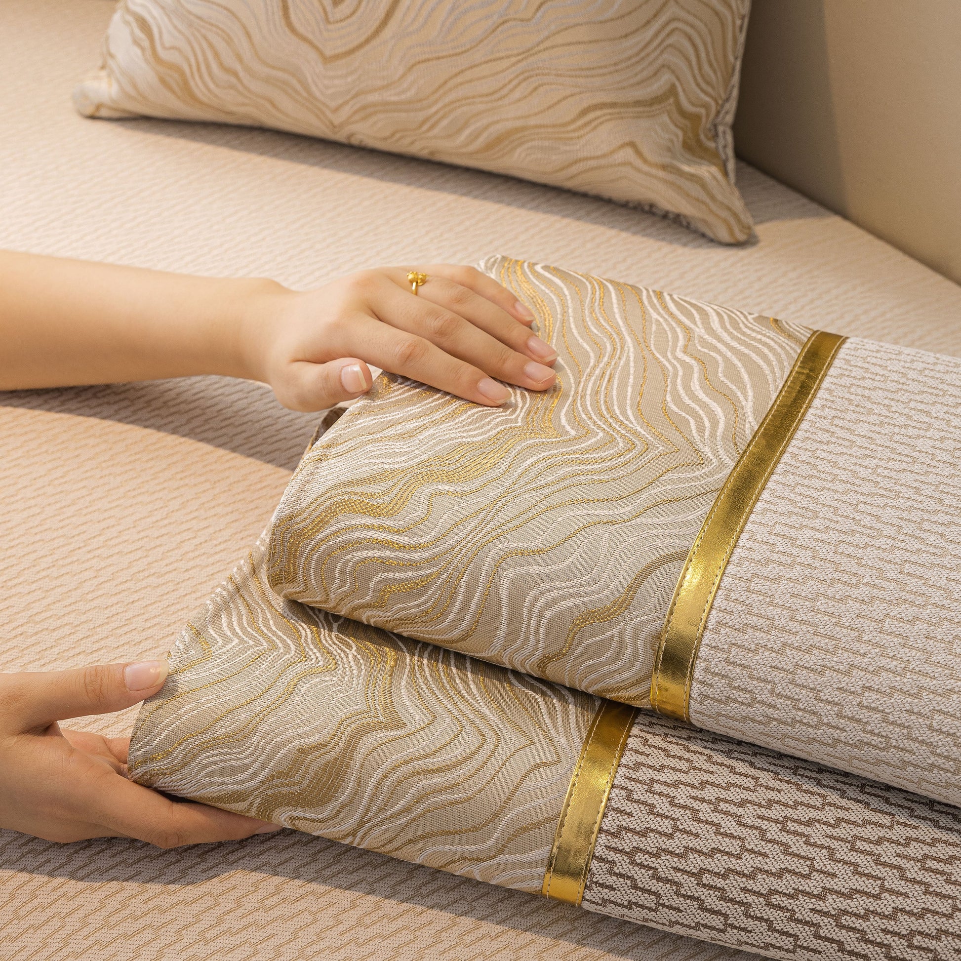 Non-Slip Couch Cover with Gold Trim, Sofa Slipcover for Sectional & Loveseat featuring chenille fabric and silicone anti-slip dots.