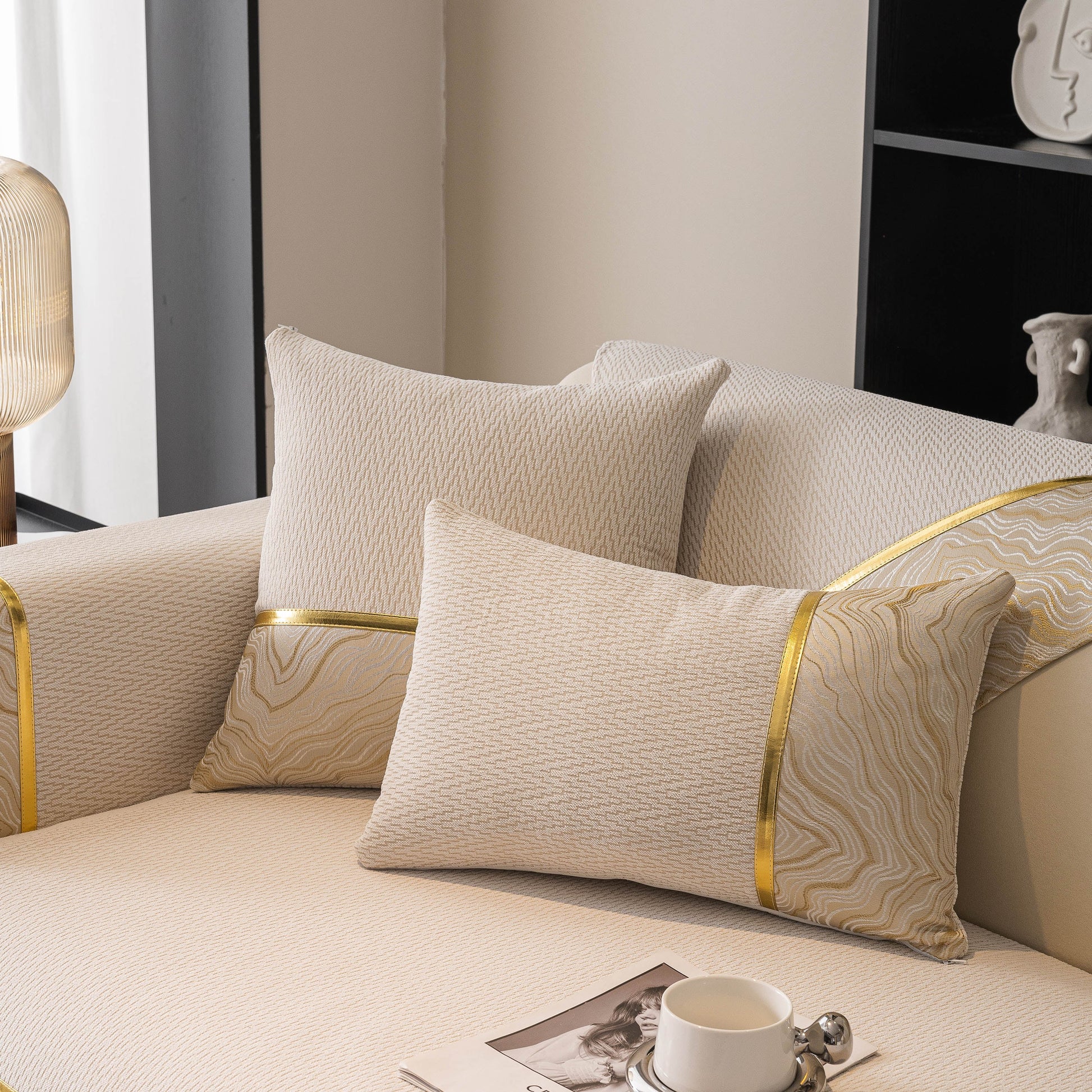Non-Slip Couch Cover with Gold Trim, Sofa Slipcover for Sectional & Loveseat on chenille fabric with decorative pillows