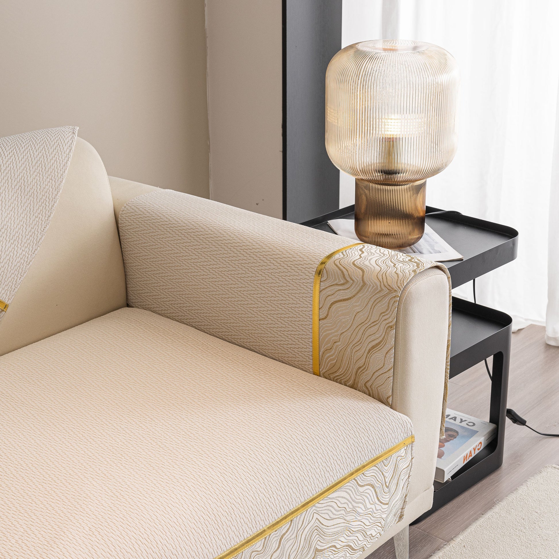 Non-Slip Couch Cover with Gold Trim, Sofa Slipcover for Sectional & Loveseat showcasing chenille texture and elegant design.