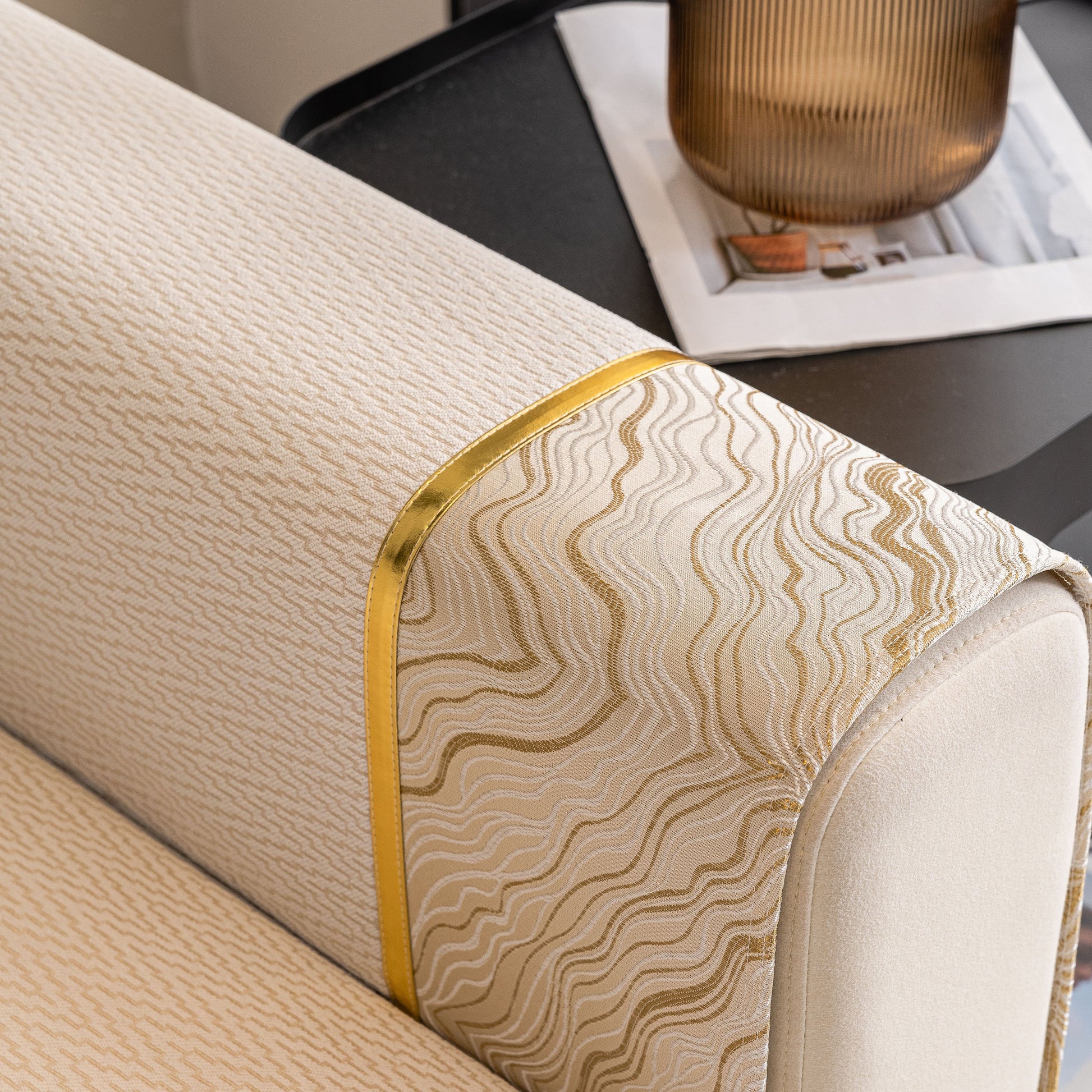Non-Slip Couch Cover with Gold Trim, Sofa Slipcover for Sectional & Loveseat on a beige sofa, featuring a dual-pattern design.