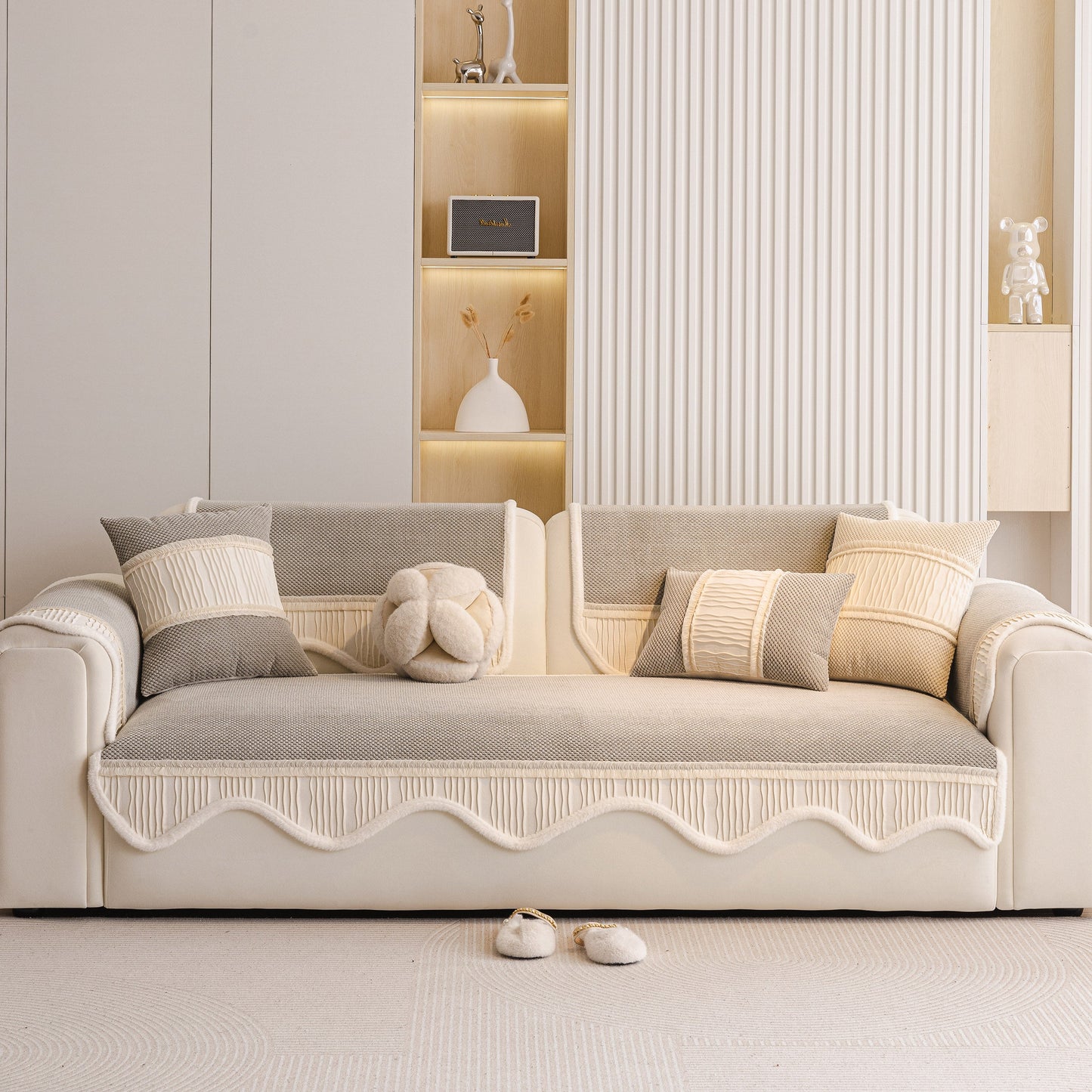 Dog Washable Sofa Protector Cover, Non-Slip Couch Slipcover with Soft Furry Trim in beige on elegant sofa