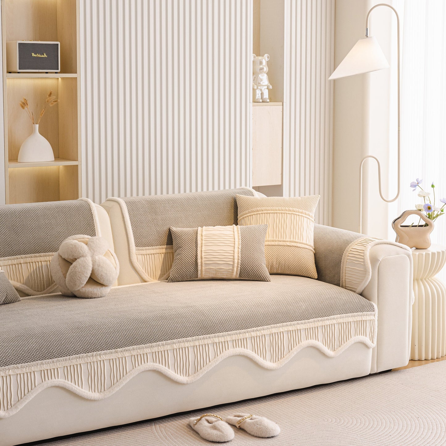 Dog Washable Sofa Protector Cover, Non-Slip Couch Slipcover with Soft Furry Trim on beige sofa in cozy living room setting.