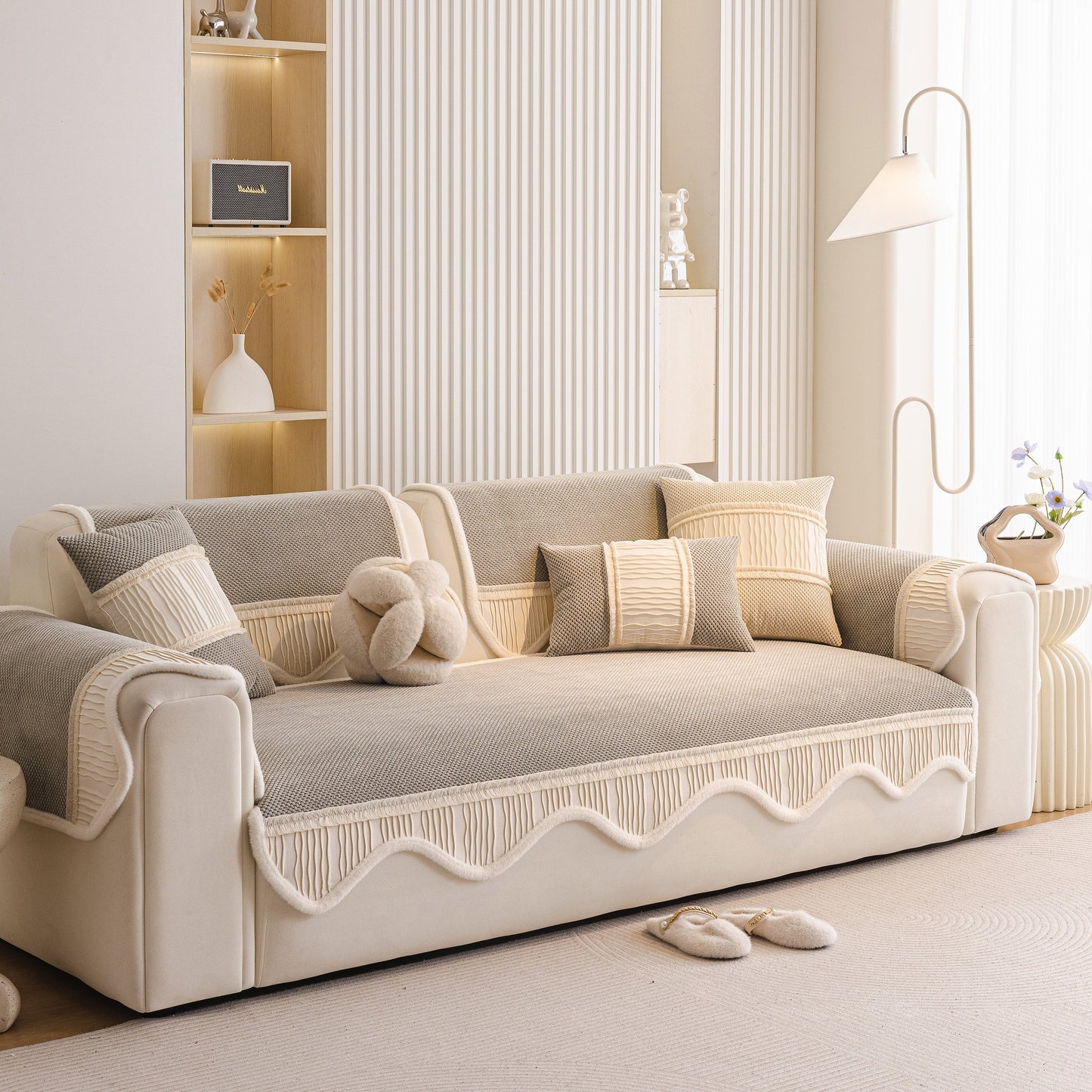 Dog Washable Sofa Protector Cover, Non-Slip Couch Slipcover with Soft Furry Trim on beige couch with decorative pillows.